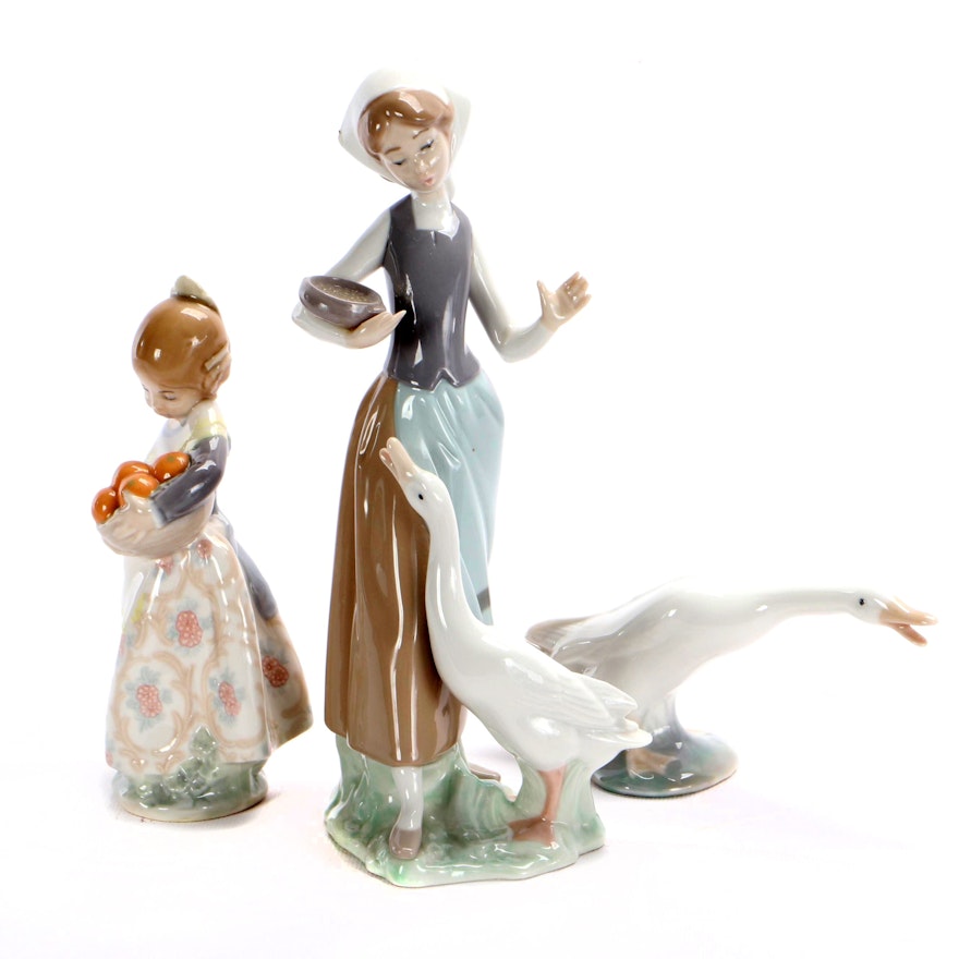 Lladró "Girl and Duck" Porcelain Figurine with "Small Girl with Basket and Duck"