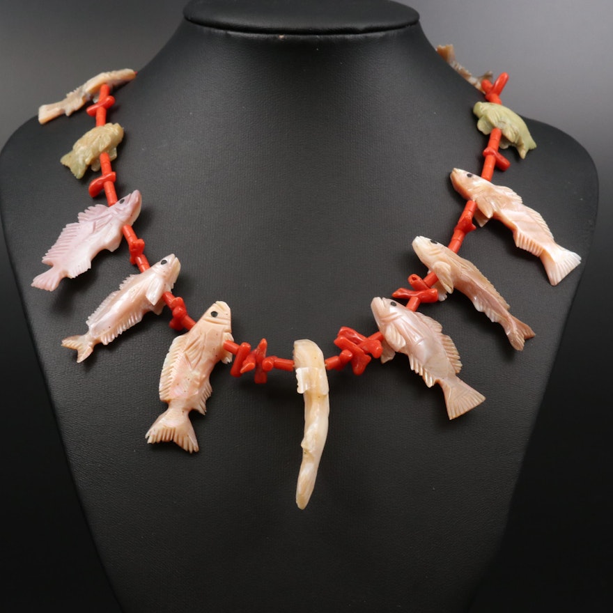Coral, Shell and Calcite Fish Fetish Necklace with Sterling Silver Clasp