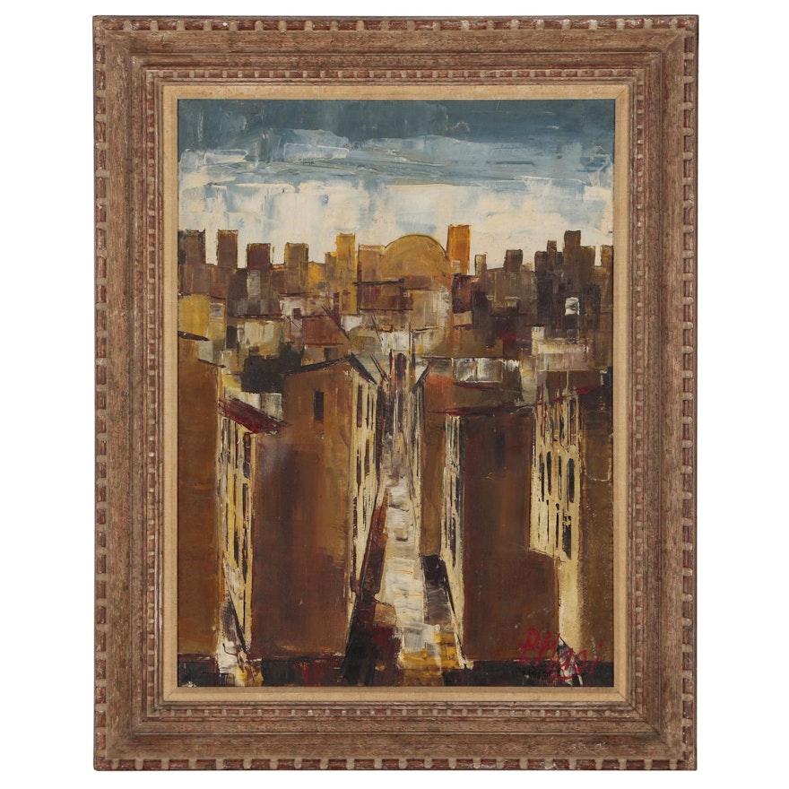 Modern Cityscape Oil Painting, Mid 20th Century