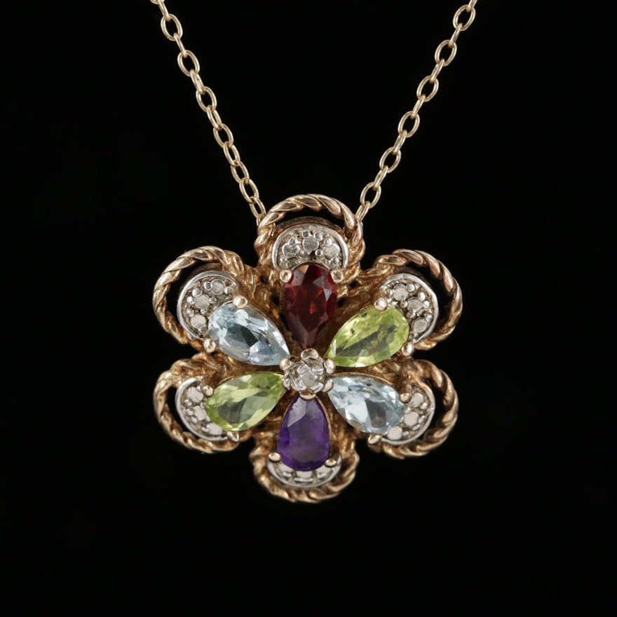 Sterling Silver Diamond and Gemstone Flower Pendant Necklace