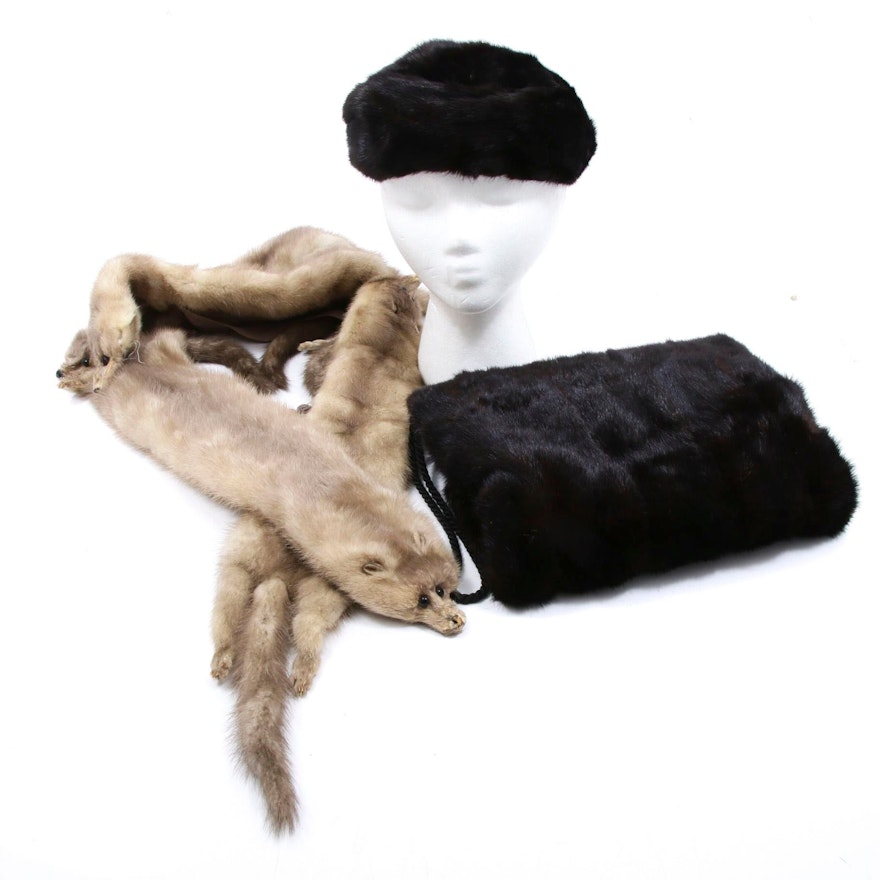 Dark Mahogany Mink Hat and Muff with Gray Mink Full Pelt Stole