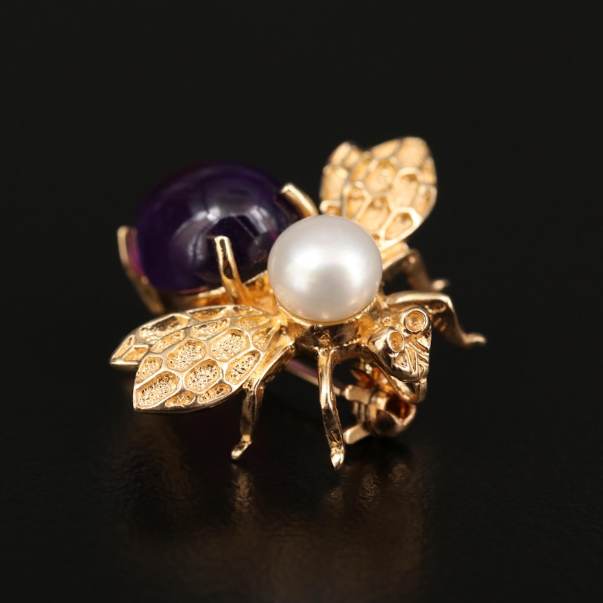 14K Yellow Gold Cultured Pearl and Amethyst Bee Converter Brooch