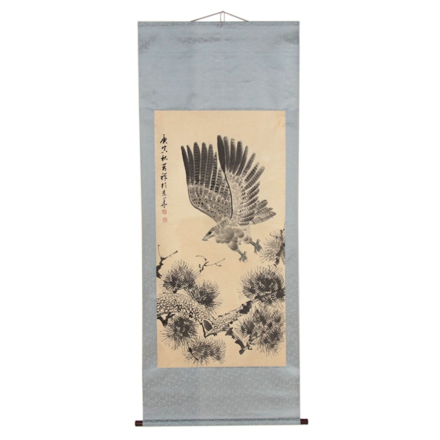 Chinese Eagle Gouache and Watercolor Hanging Scroll