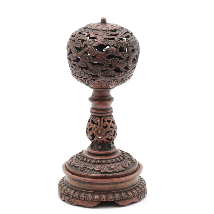 Chinese Dou Altar Vessel Depicting Dragons and Clouds in Copper Finish