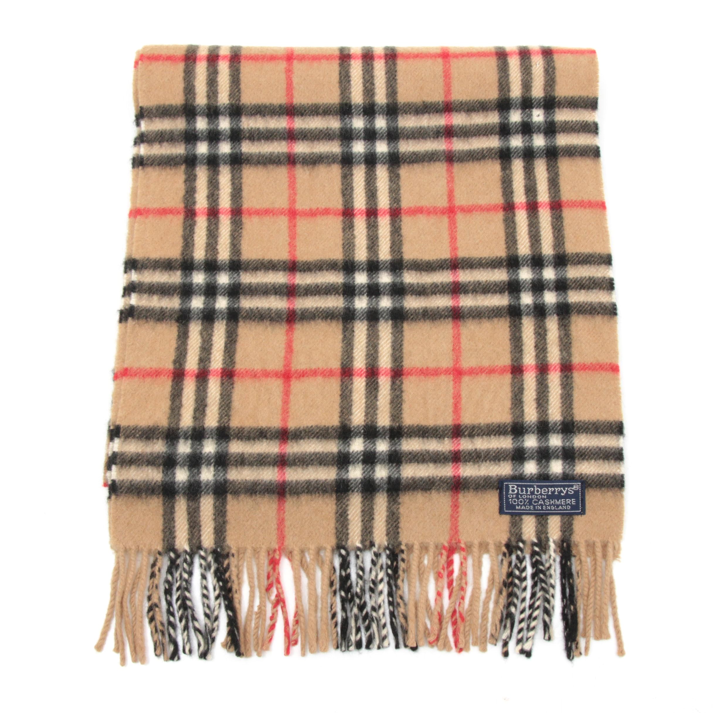Burberry Cashmere "Nova Check" Fringed Scarf, Made in England, Vintage