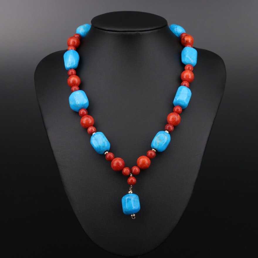 14K Yellow Gold Magnesite and Coral Necklace