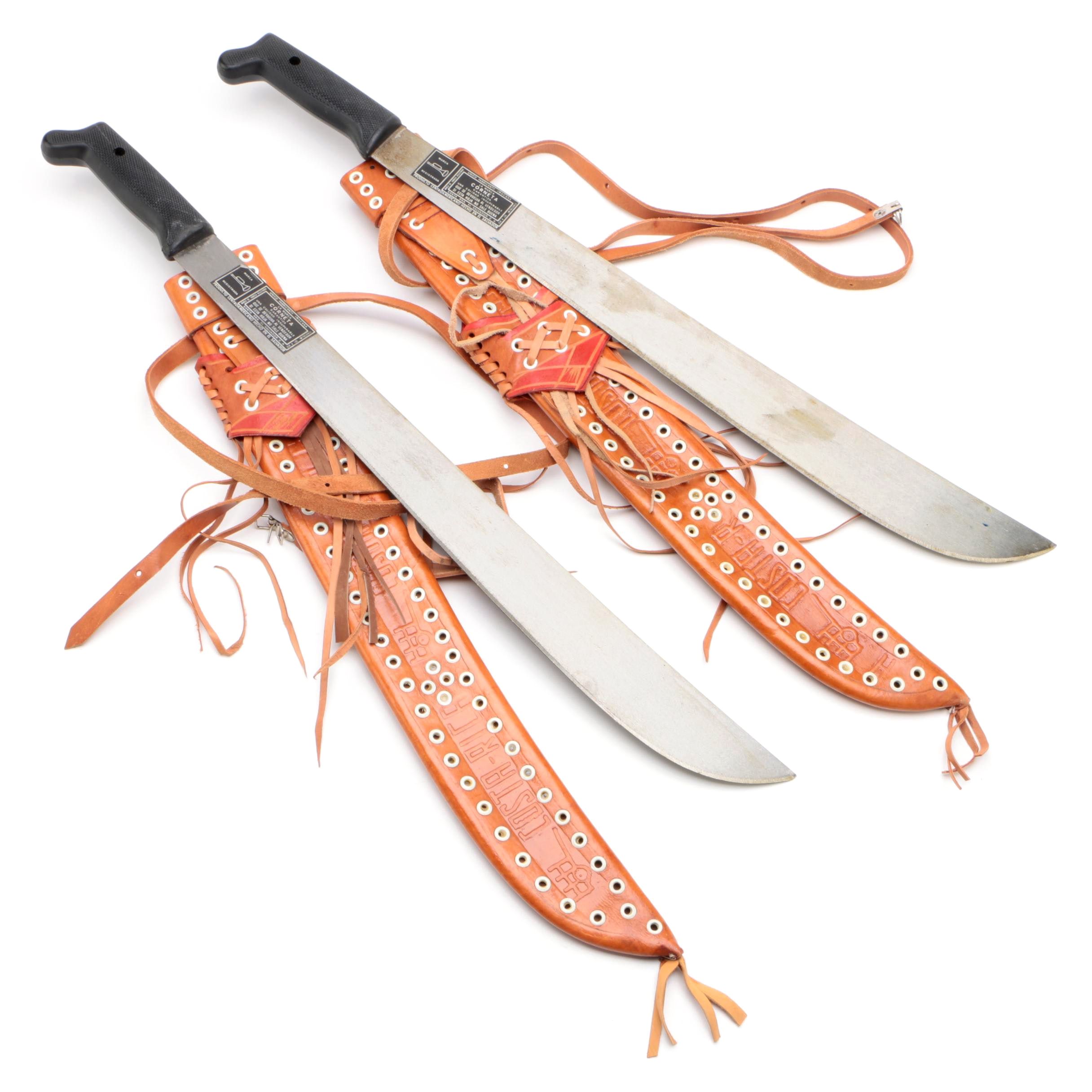 El Salvador Imasco La Marca Corneta Model No. 127 Machetes with Leather Sheaths
