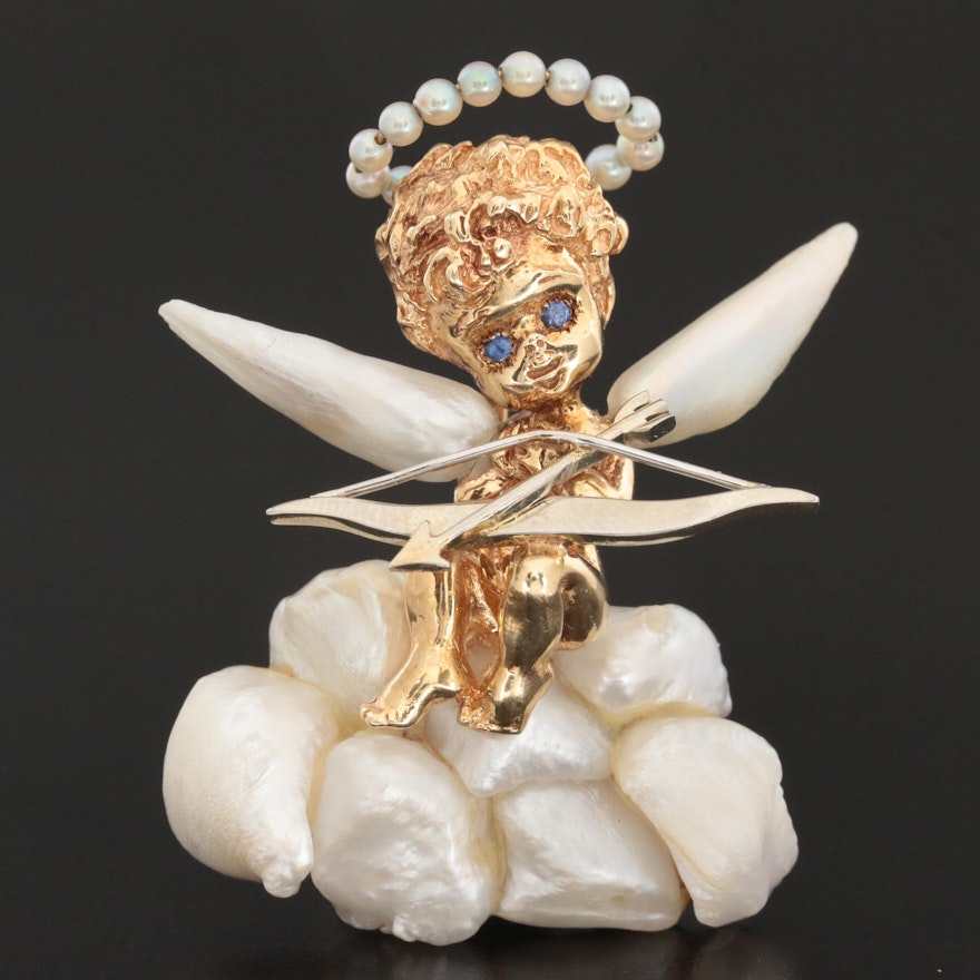 1950's William Ruser 14K Gold Seed and Cultured Pearl Cherub Brooch