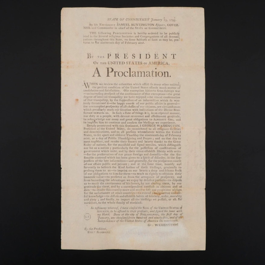 George Washington Printed Proclamation of Thanksgiving and Prayer, 1795
