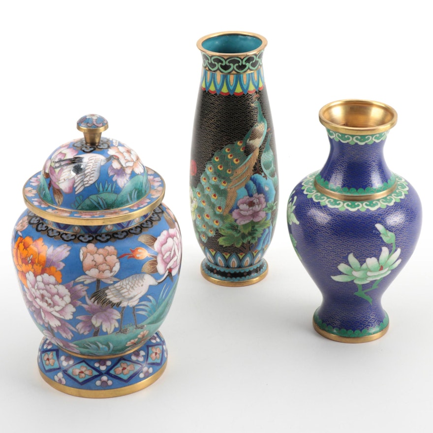 Chinese Cloisonné Enamel Vases and Lidded Jar