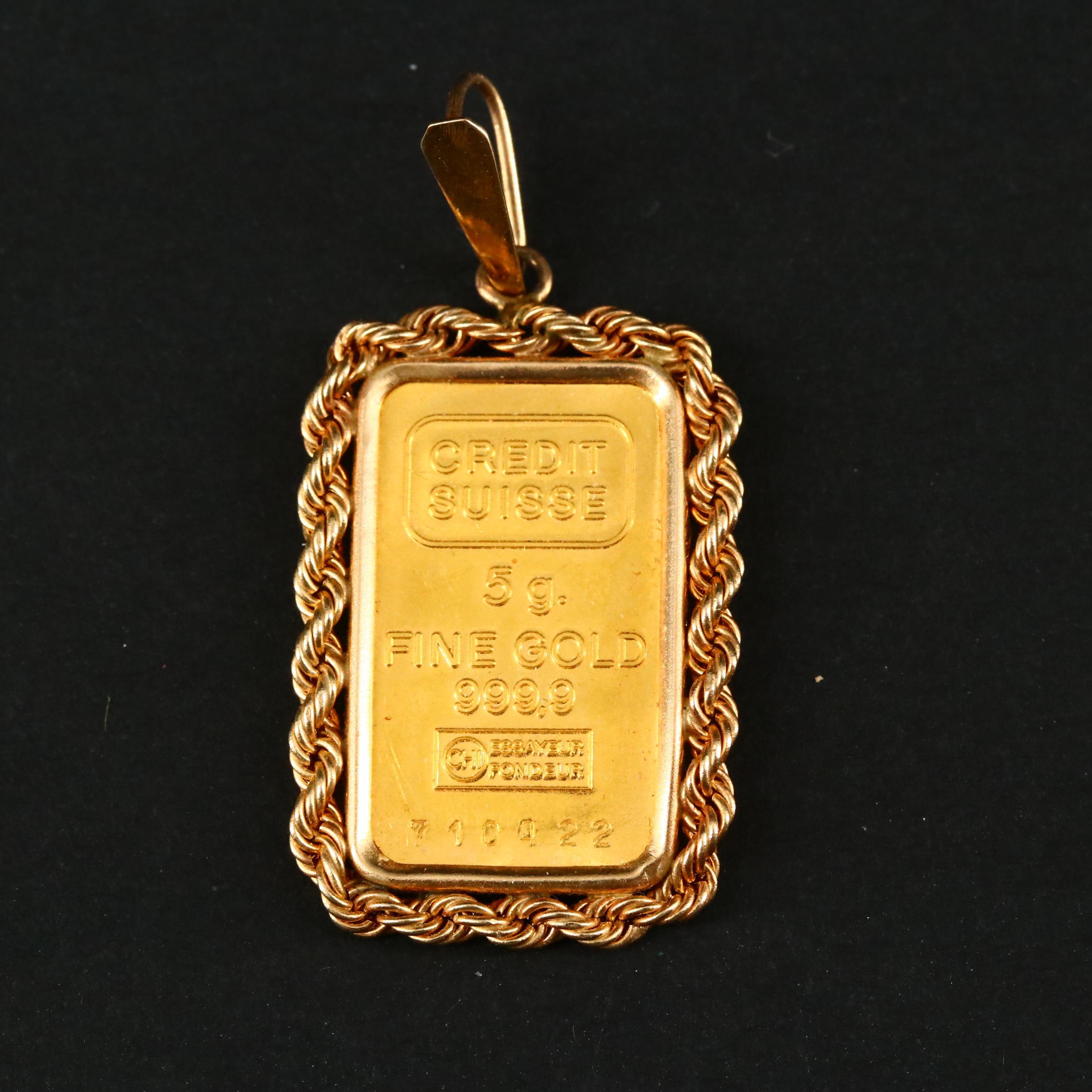 Five Gram Credit Suisse Gold Ingot in 14K Yellow Gold Pendant