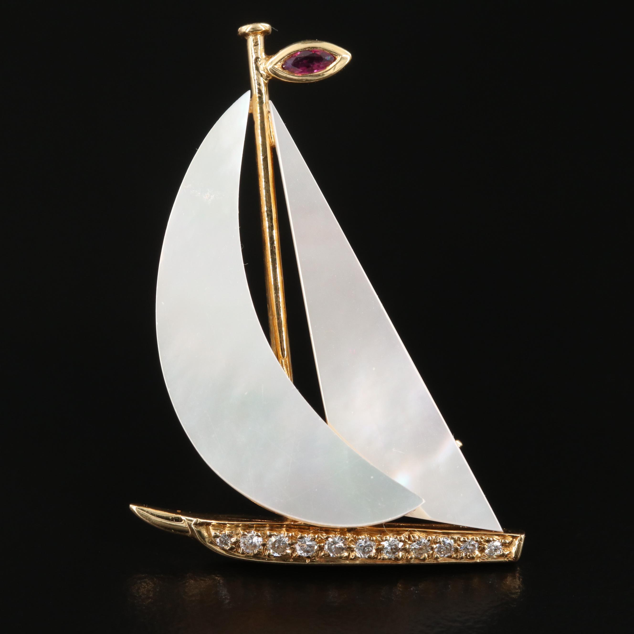 18K Yellow Gold Mother of Pearl and Diamond Sailboat Pin