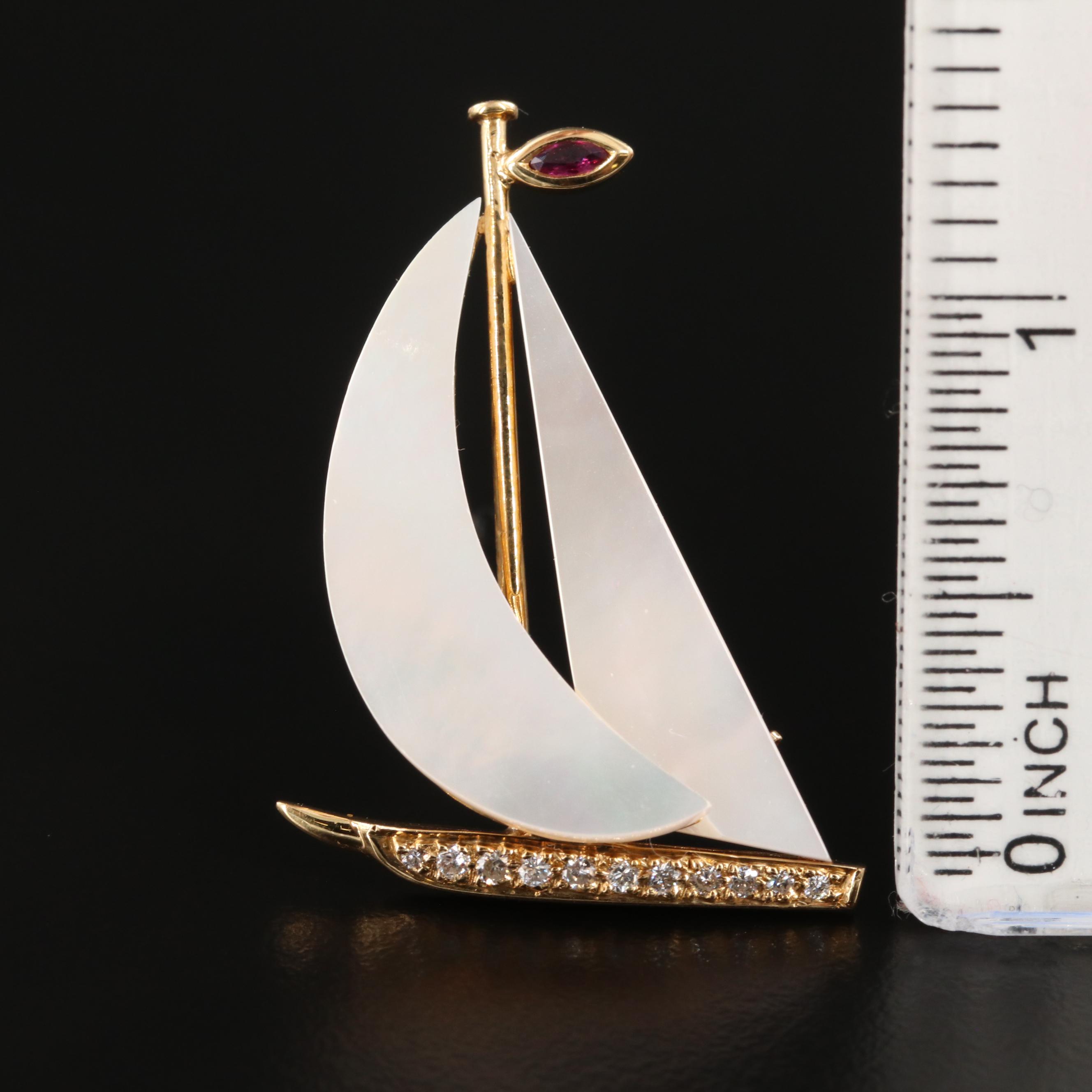 18K Yellow Gold Mother of Pearl and Diamond Sailboat Pin