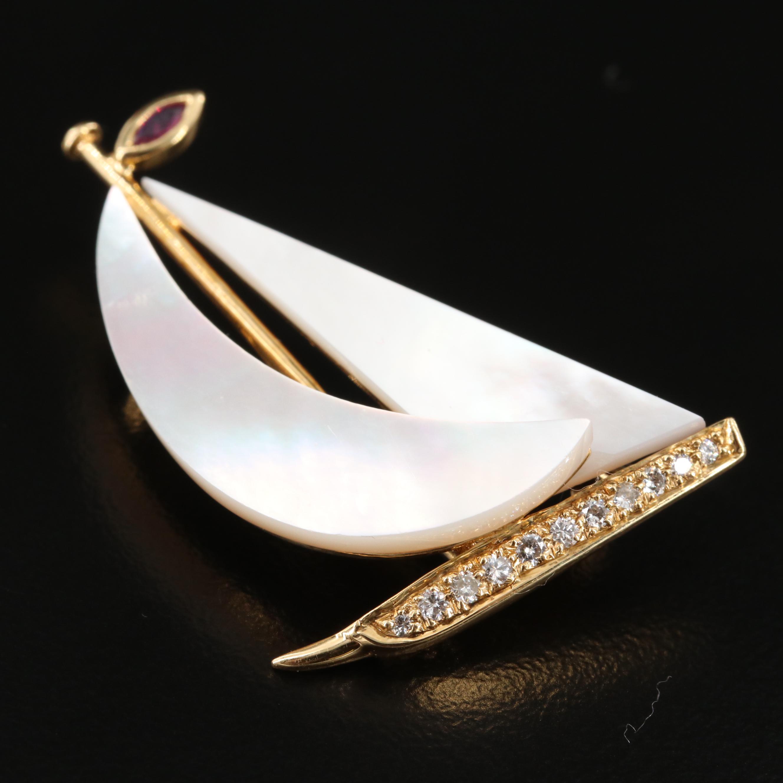 18K Yellow Gold Mother of Pearl and Diamond Sailboat Pin