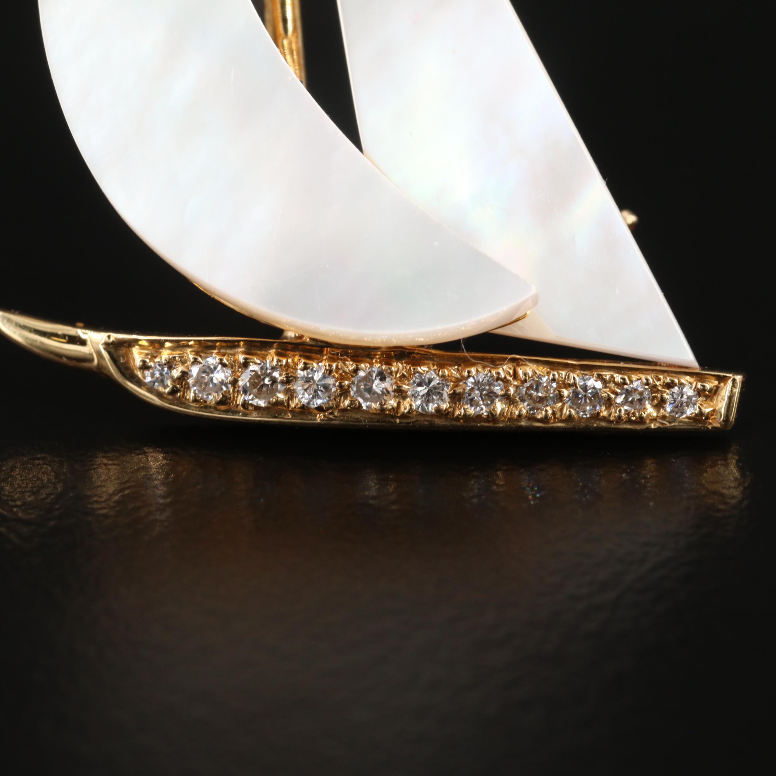 18K Yellow Gold Mother of Pearl and Diamond Sailboat Pin