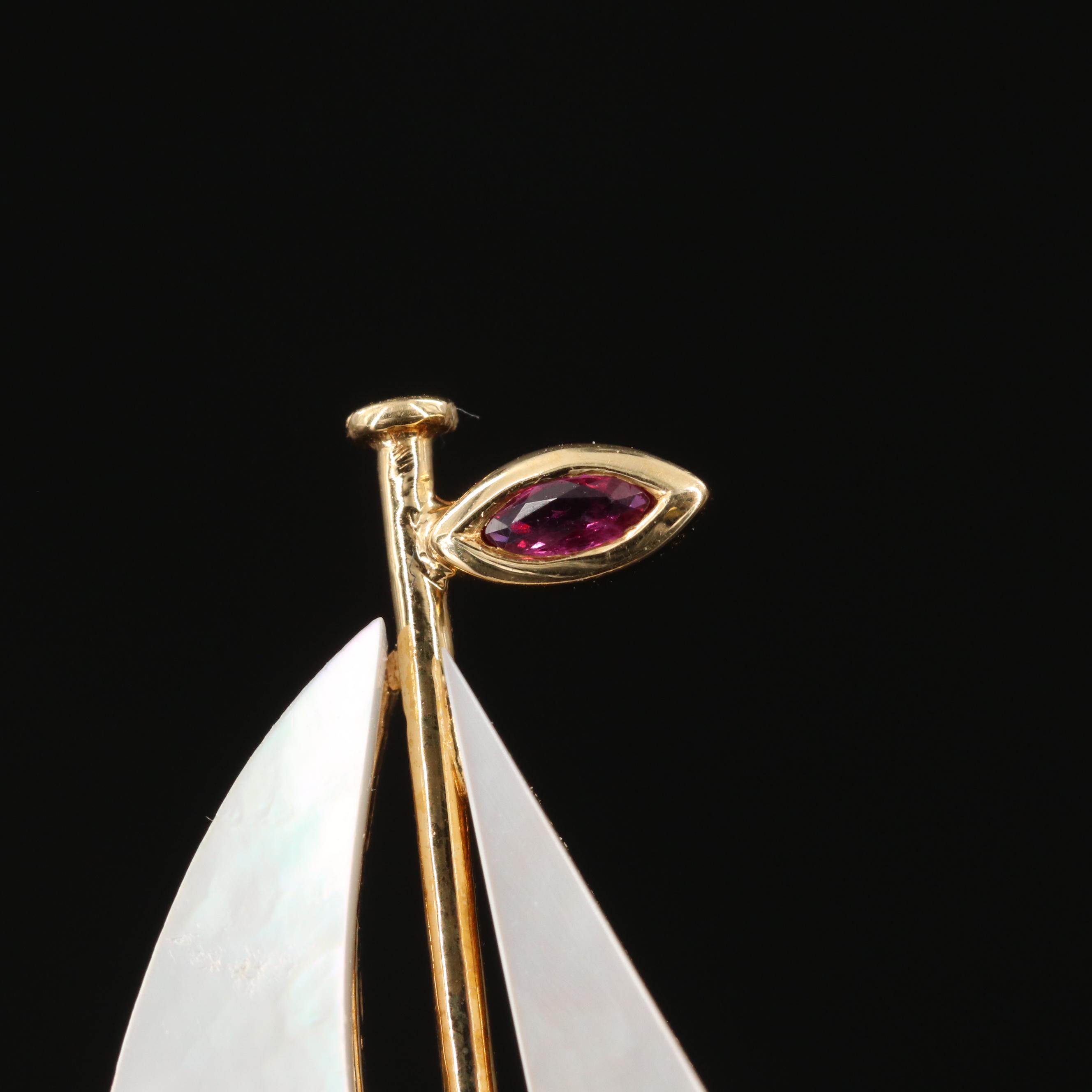 18K Yellow Gold Mother of Pearl and Diamond Sailboat Pin