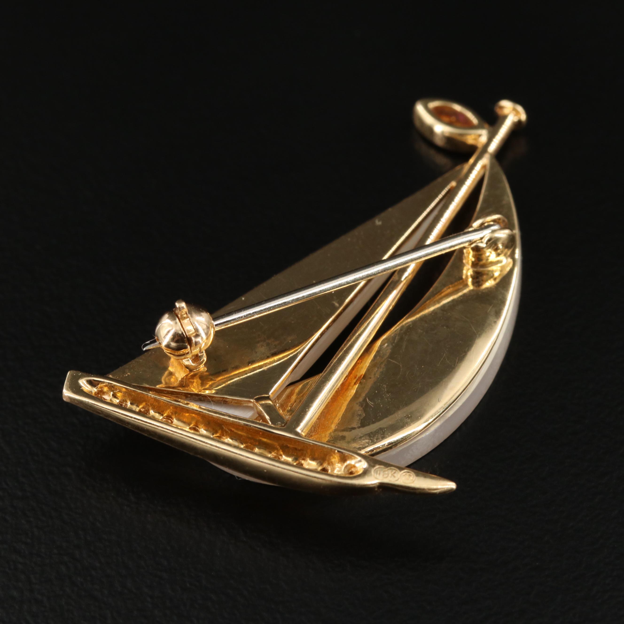 18K Yellow Gold Mother of Pearl and Diamond Sailboat Pin