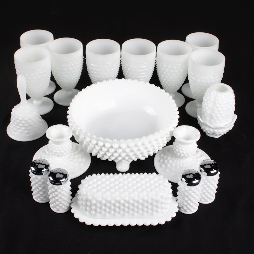 Fenton and Anchor-Hocking Hobnail Milk Glass Stemware and Table Accessories