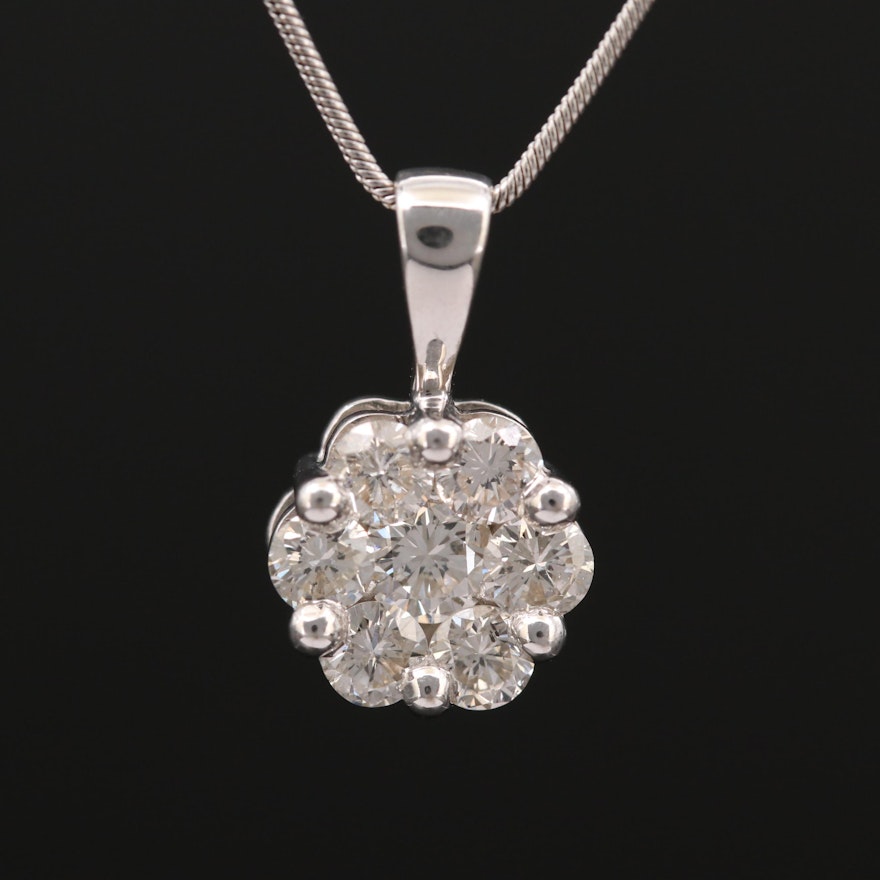 14K White Gold 1.00 CTW Diamond Cluster Pendant Necklace
