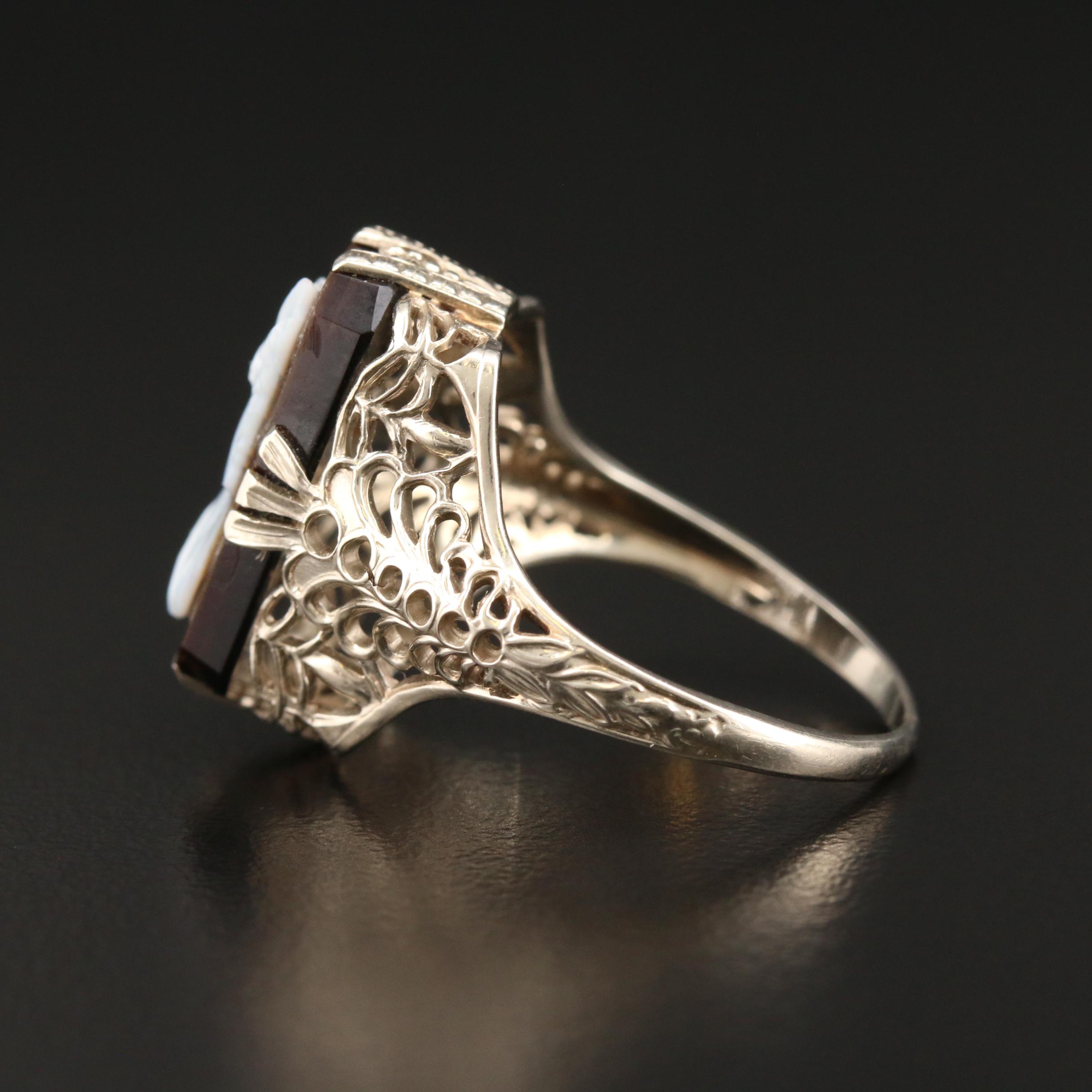 Vintage 14K White Gold Filigree Cameo Ring