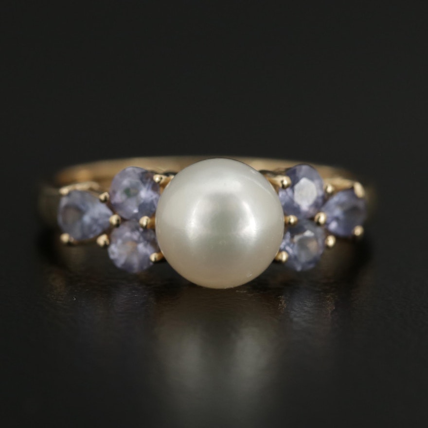 14K Yellow Gold Cultured Pearl and Tanzanite Ring