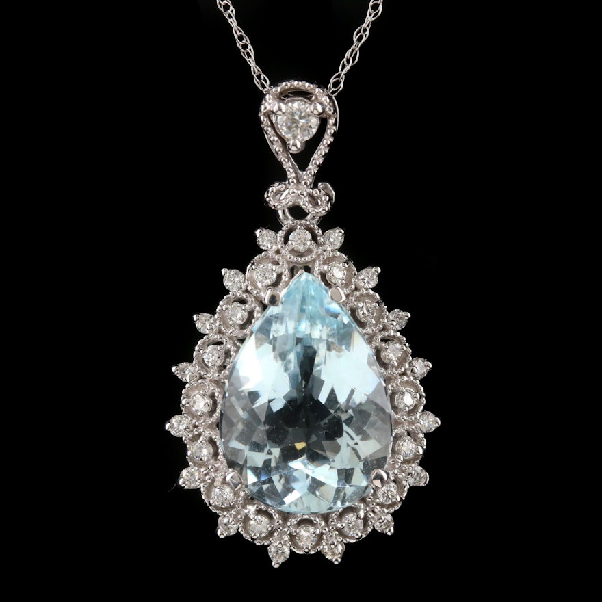 14K White Gold 5.35 CT Aquamarine and Diamond Pendant Necklace