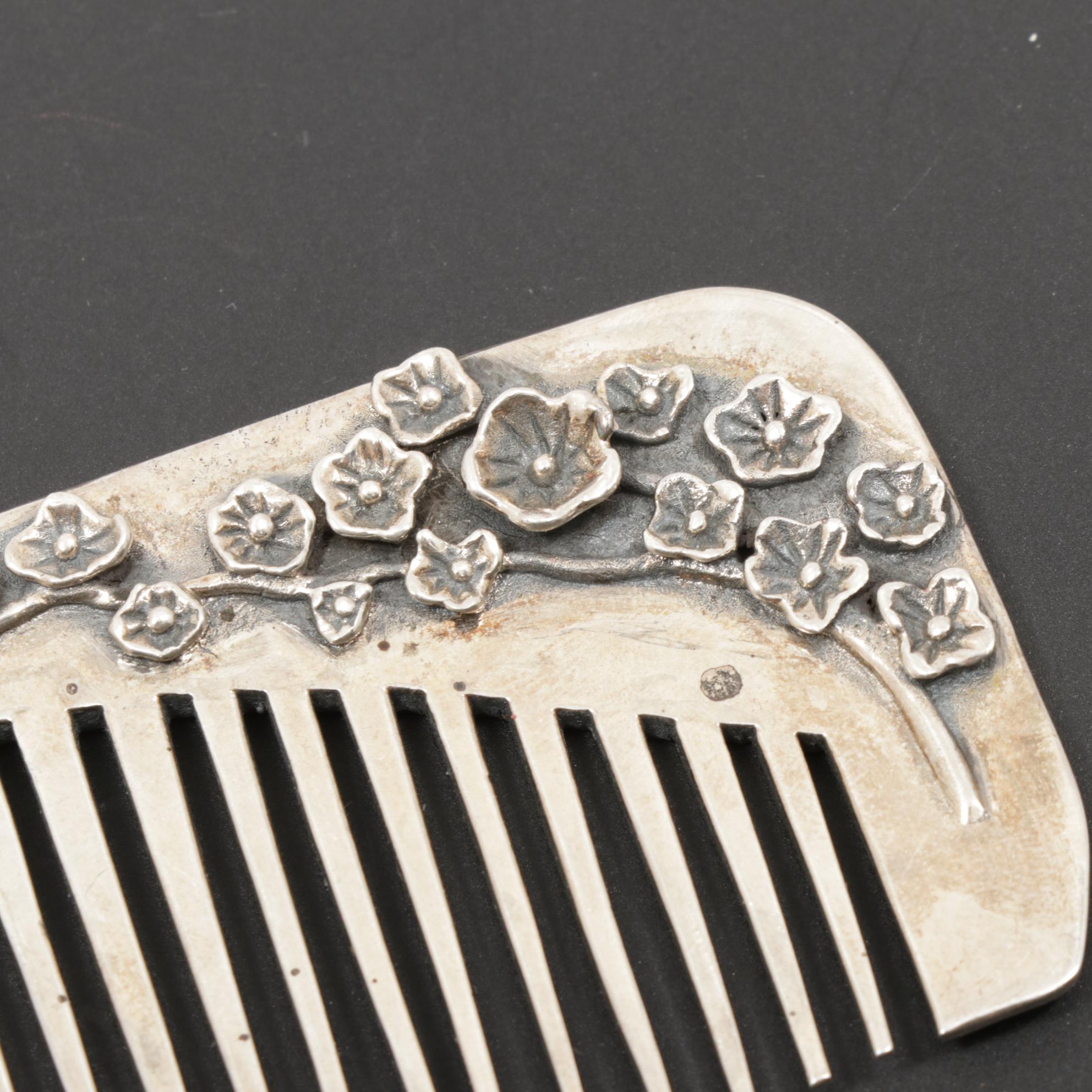 Sterling Silver Hair Comb with Floral Motif