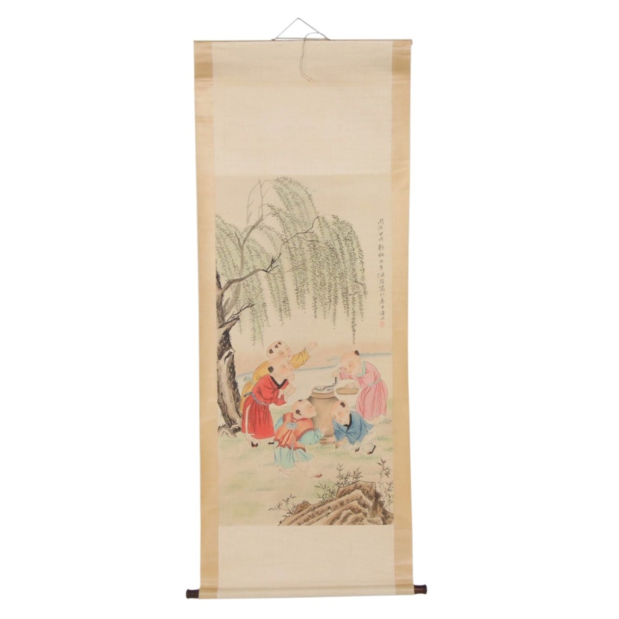 Chinese Gouache and Watercolor Painting of Children on Hanging Scroll