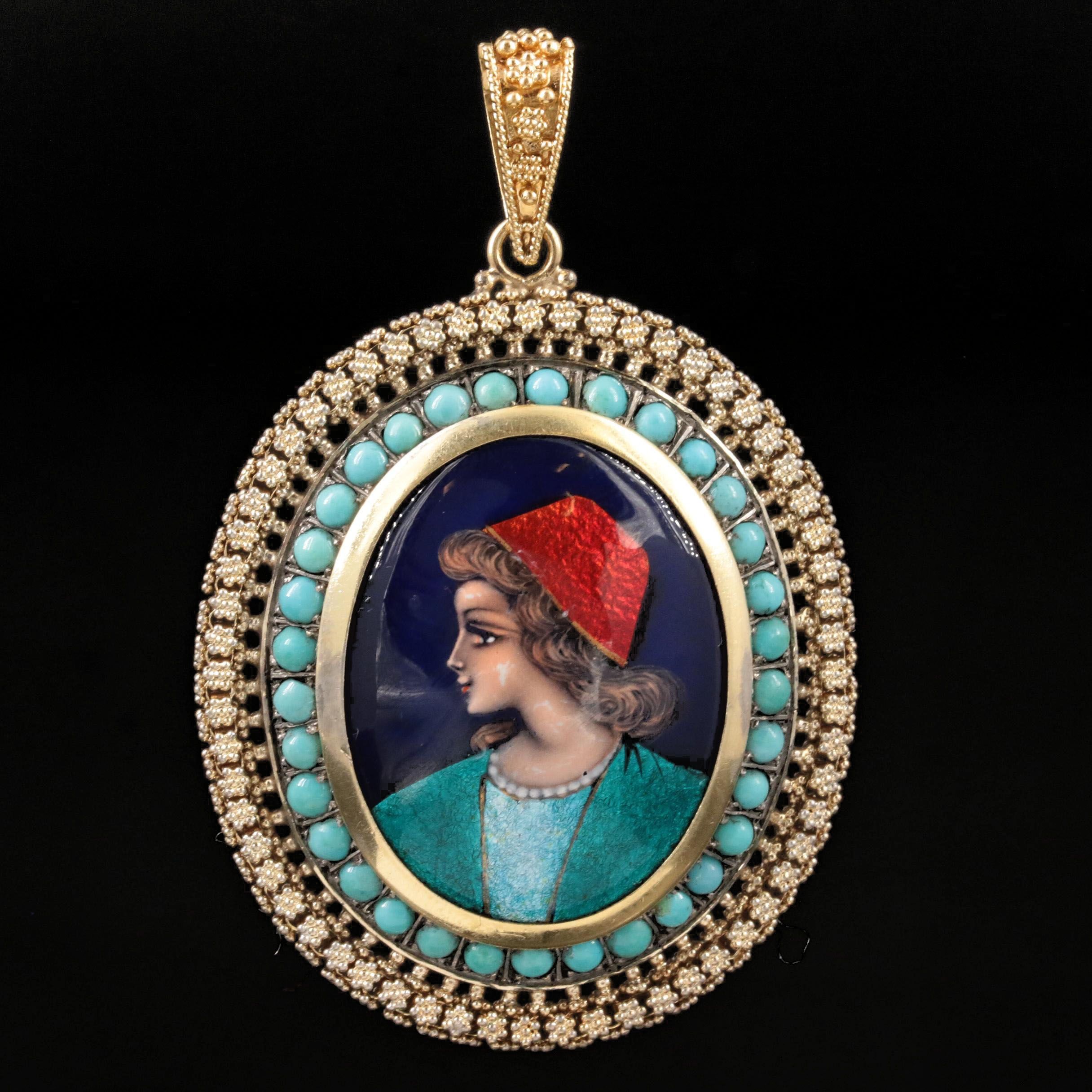 Vintage 18K Yellow Gold Turquoise and Painted Enamel Portrait Pendant