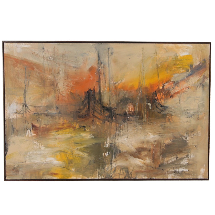 Gino Hollander Monumental Abstract Expressionist Oil Painting of Harbor Scene