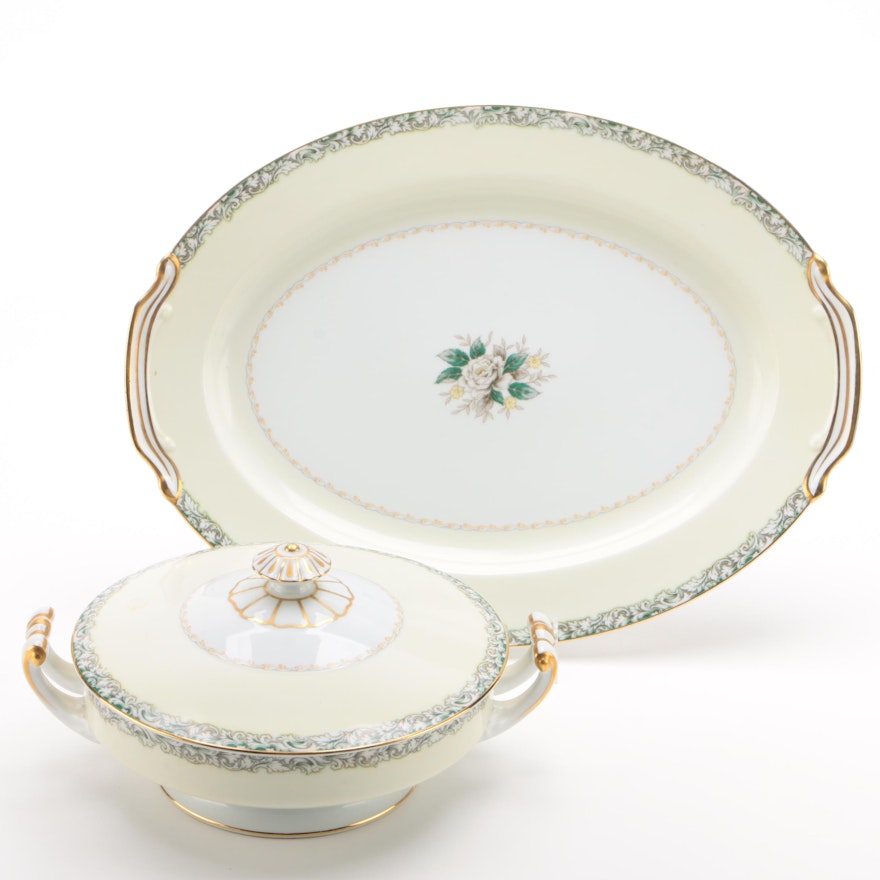 Noritake Porcelain Covered Vegetable Dish and Platter, Mid-20th Century