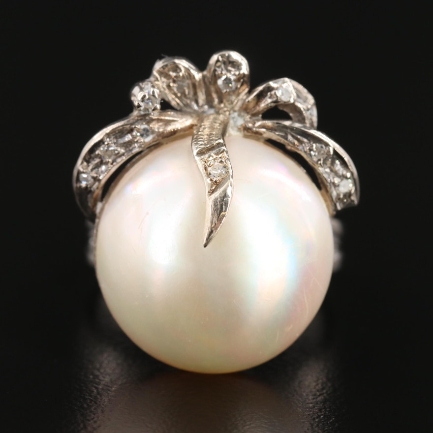 1940s Cultured Pearl and Diamond Ring