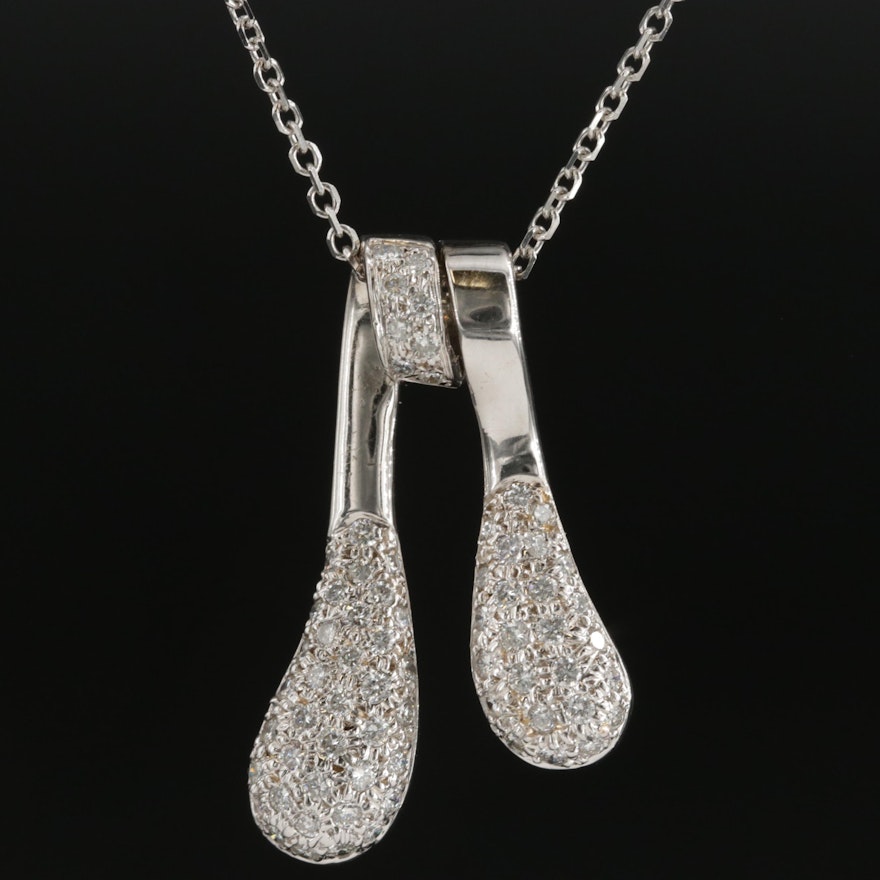 18K White Gold Pavé 1.05 CTW Diamond Pendant on 14K Gold Cable Chain Necklace