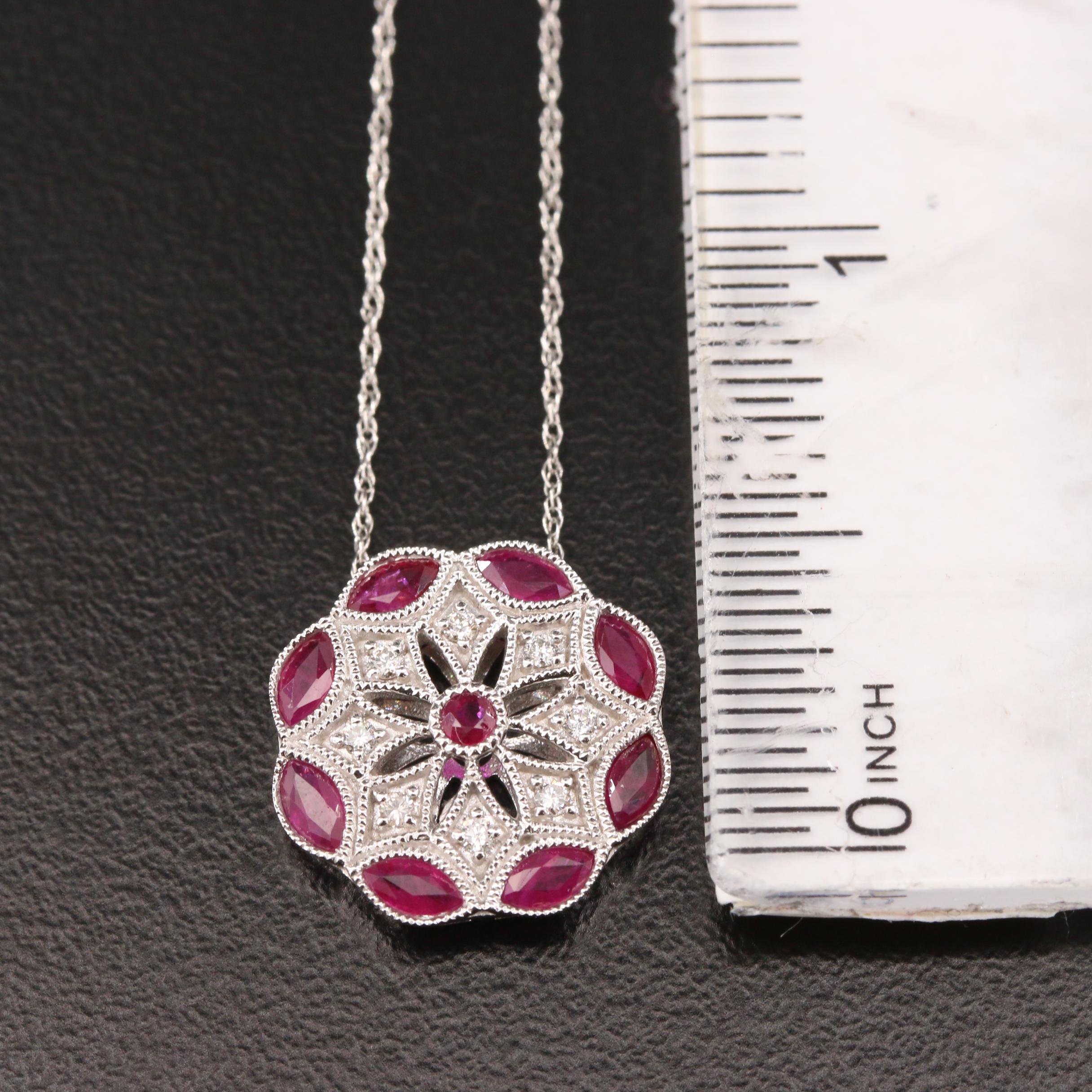 14K White Gold Ruby and Diamond Pendant Necklace