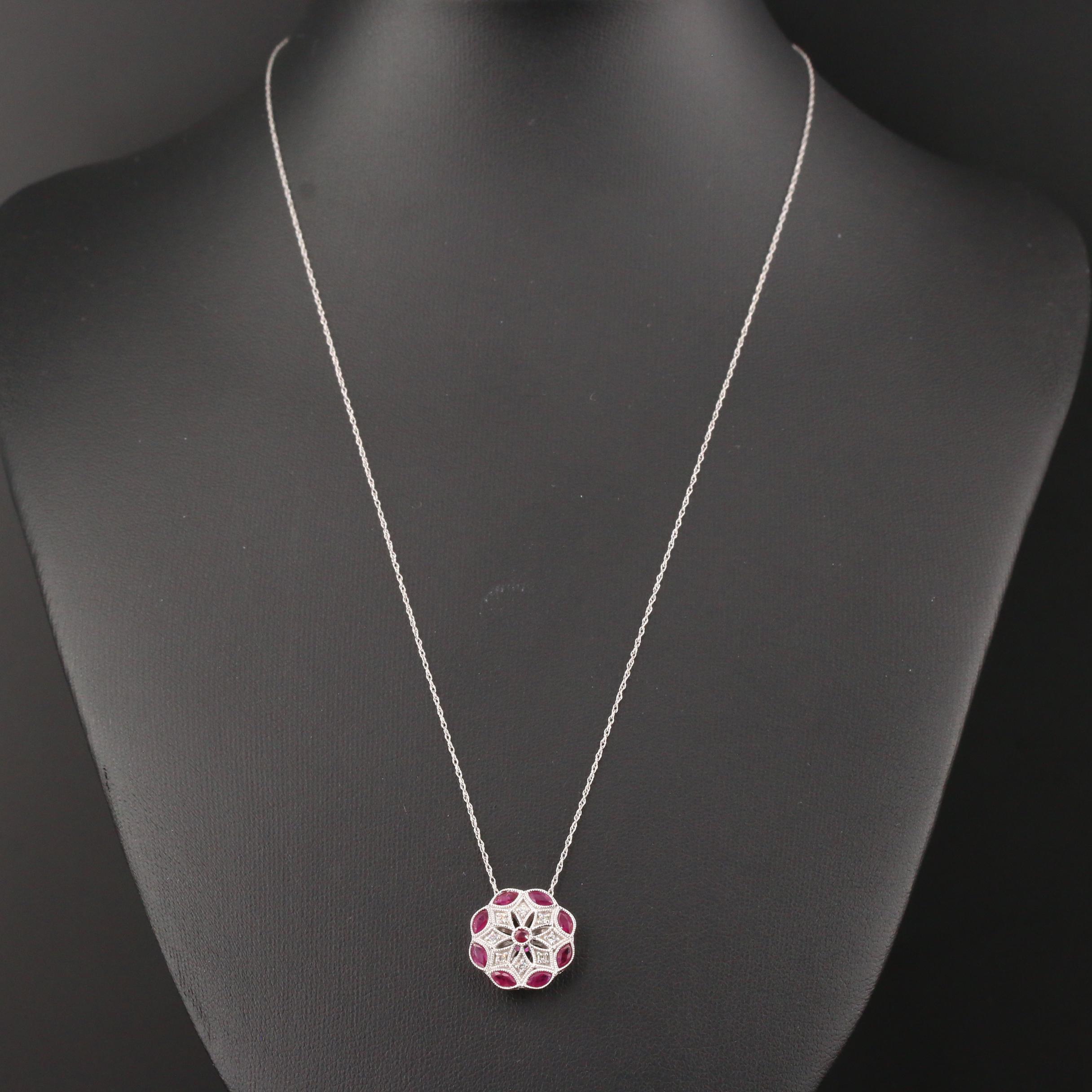 14K White Gold Ruby and Diamond Pendant Necklace