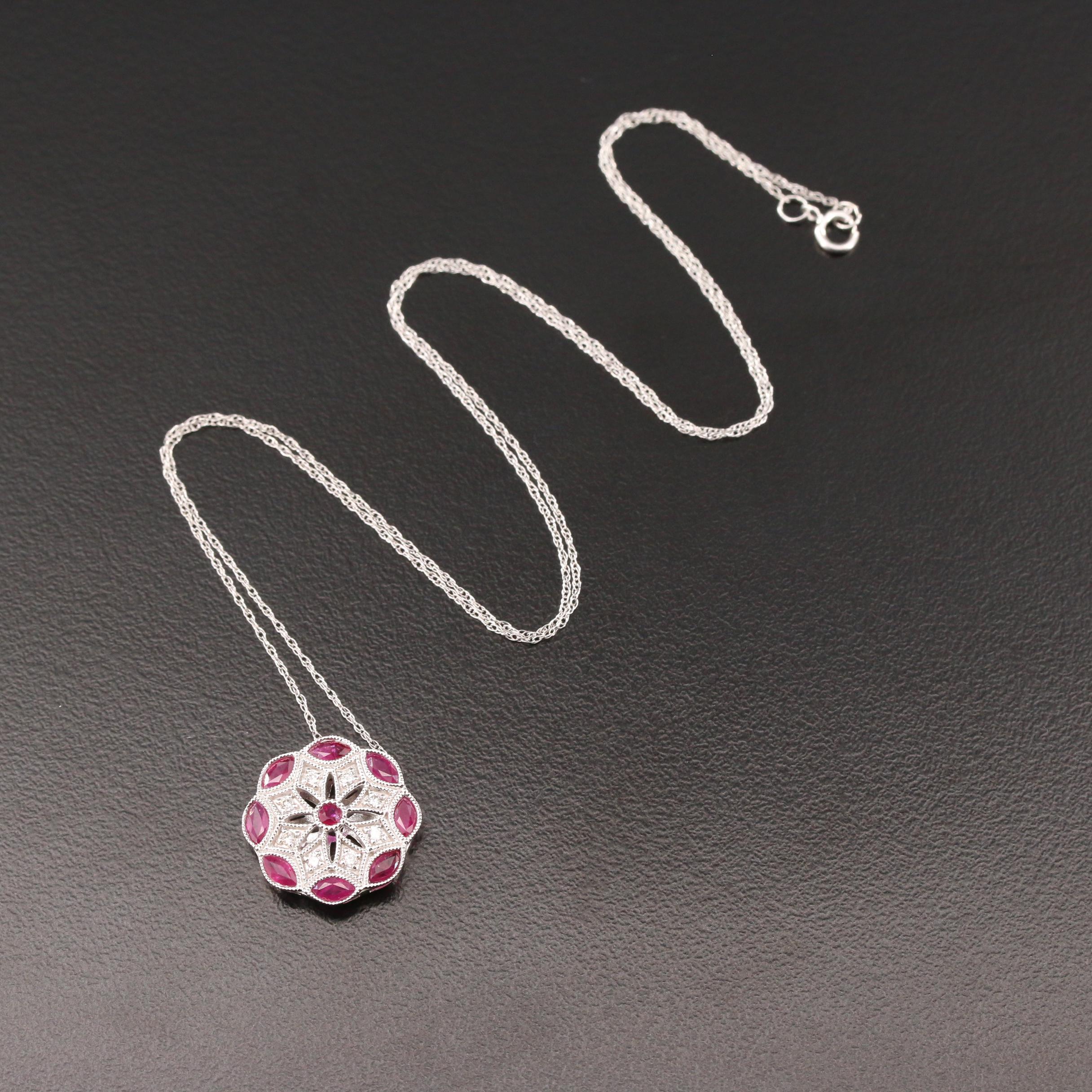 14K White Gold Ruby and Diamond Pendant Necklace