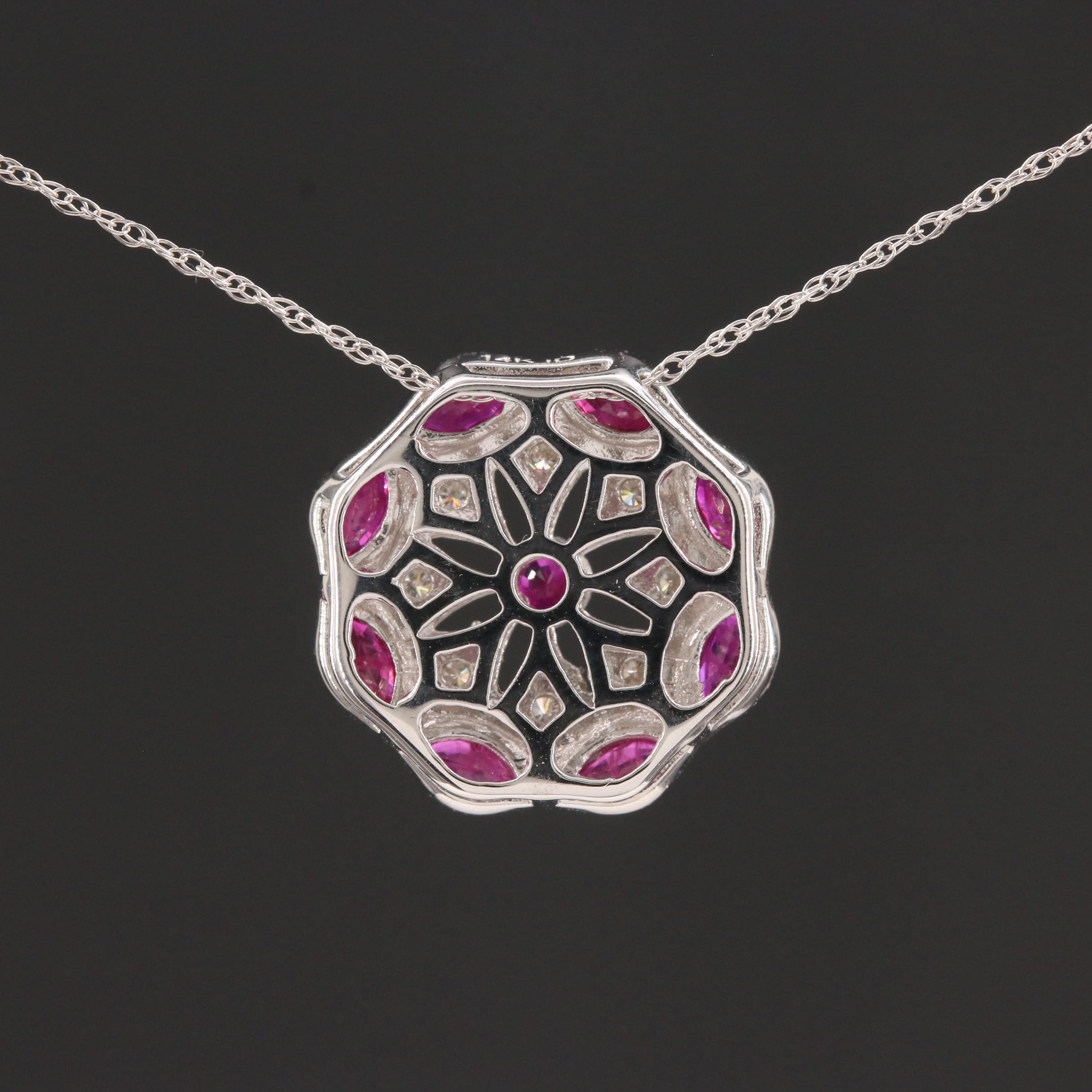 14K White Gold Ruby and Diamond Pendant Necklace