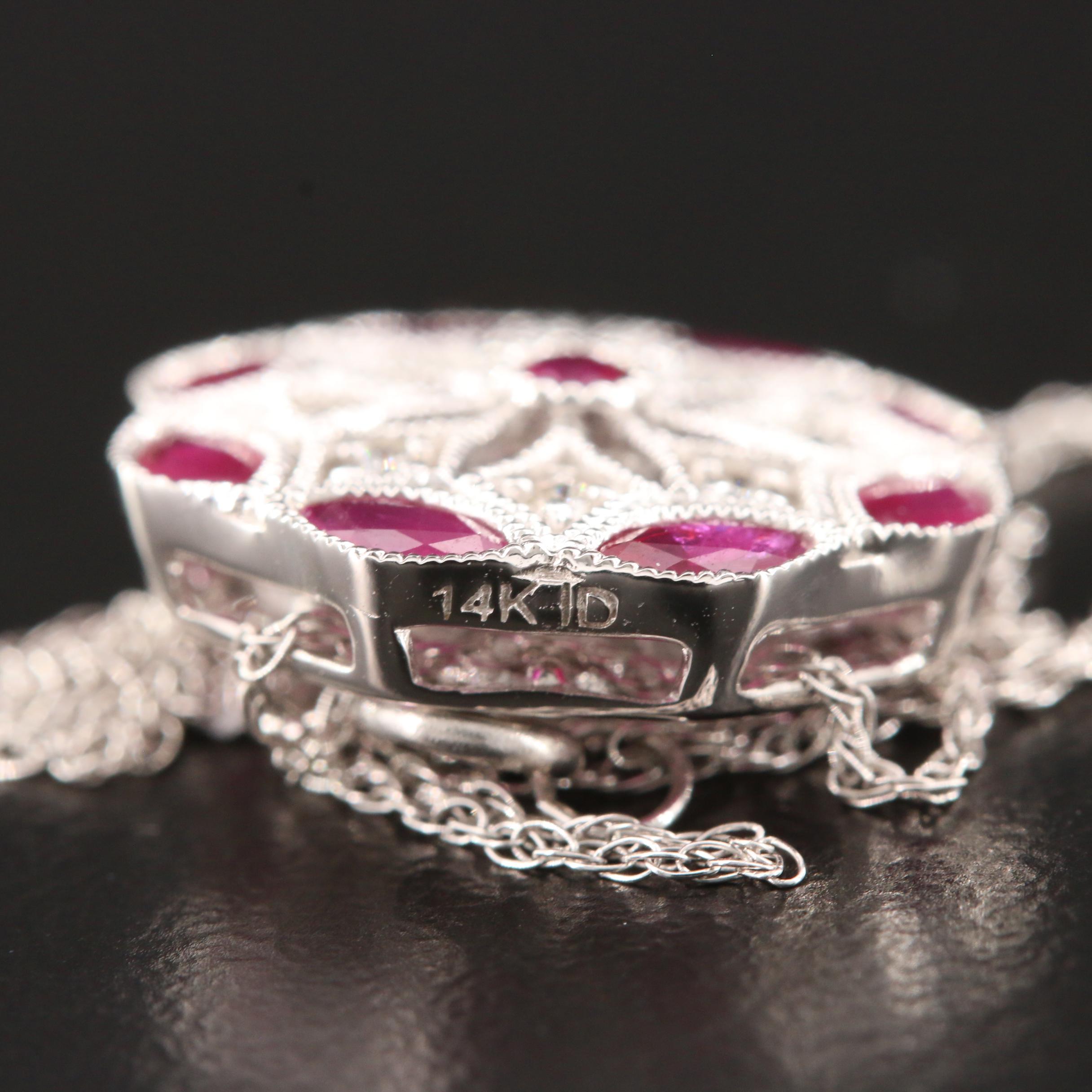 14K White Gold Ruby and Diamond Pendant Necklace