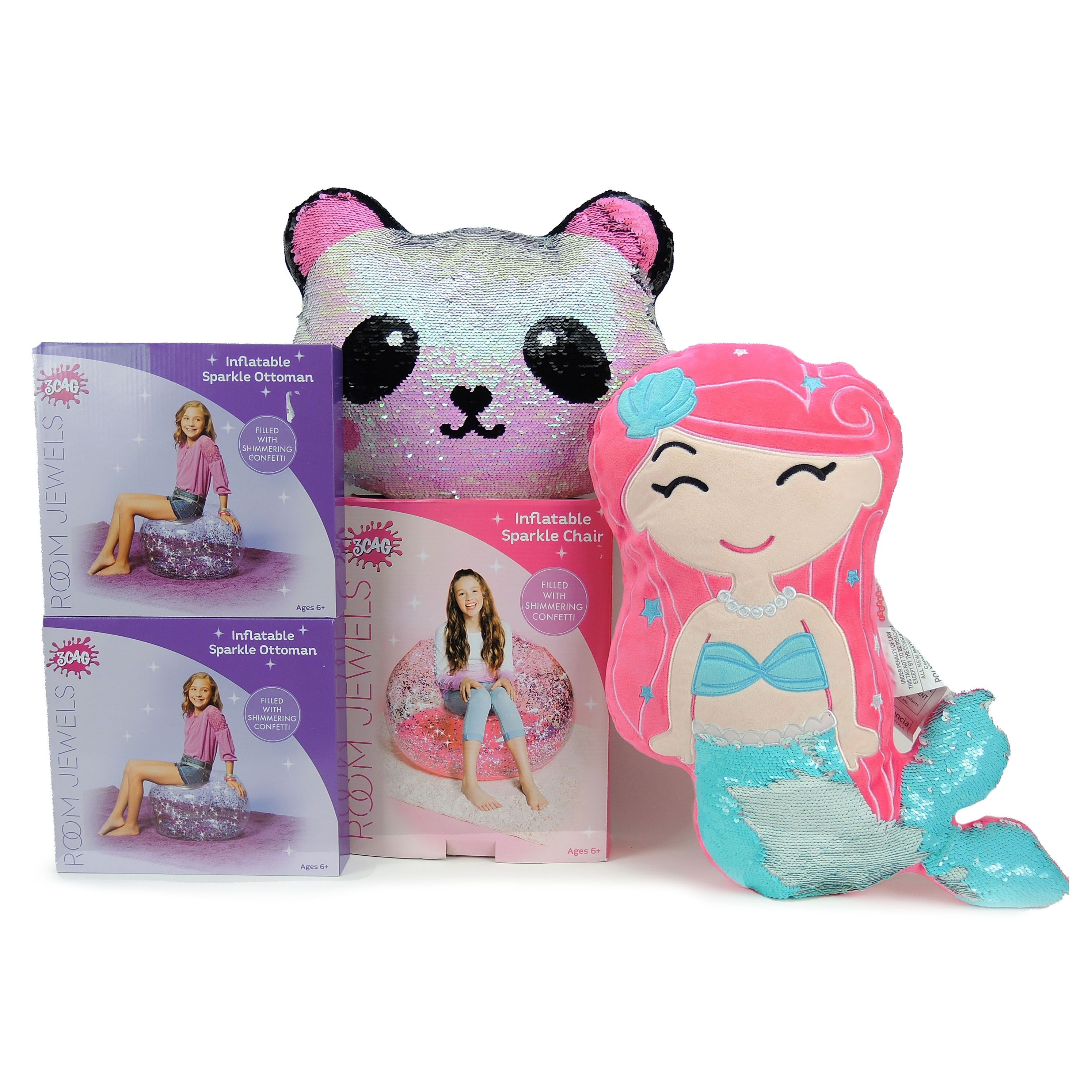 Room Jewels Inflatable Sparkle Chair, Ottoman, and Sequin Pillows