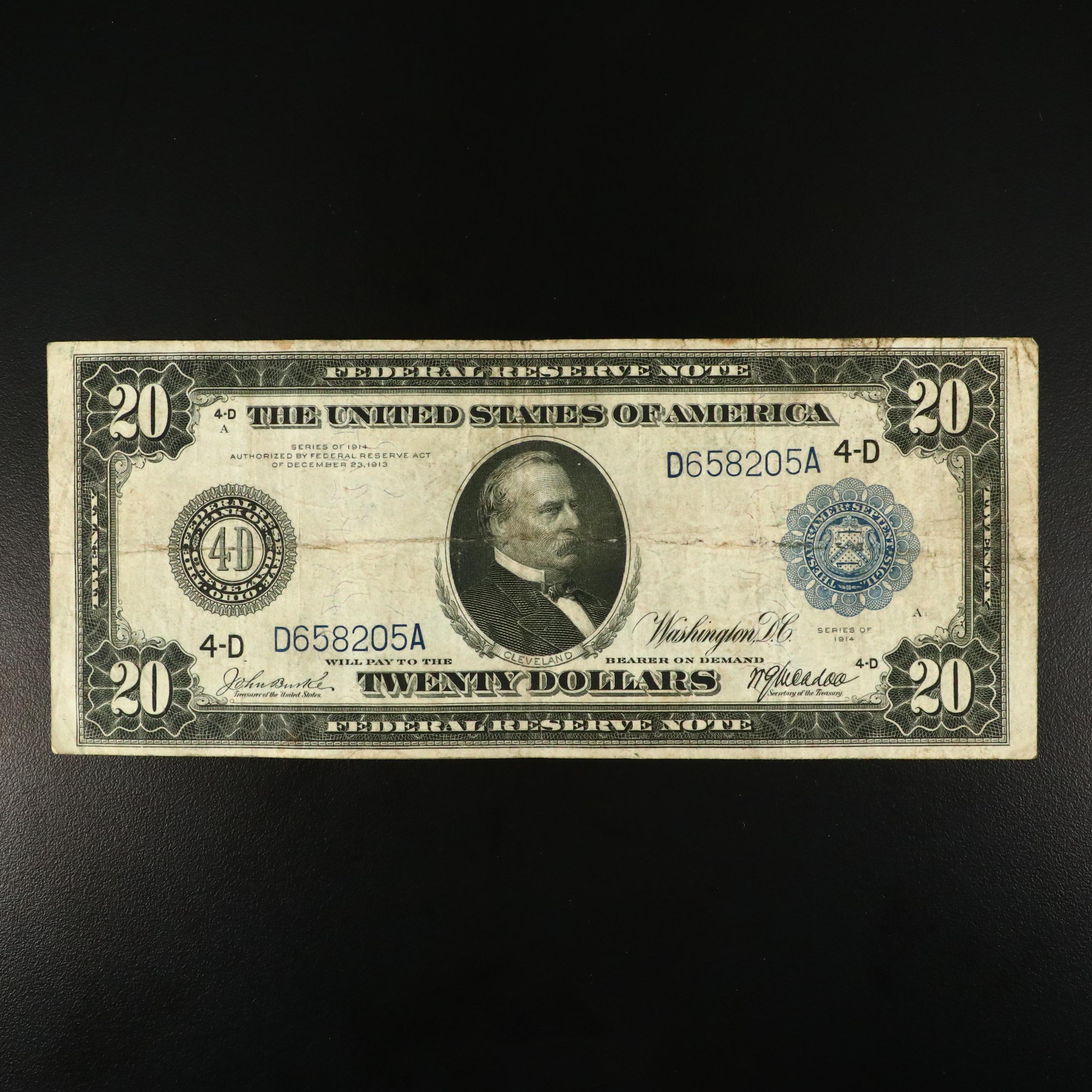 1914 Blue Seal $20 Federal Reserve Note Issued Out of Cleveland, OH