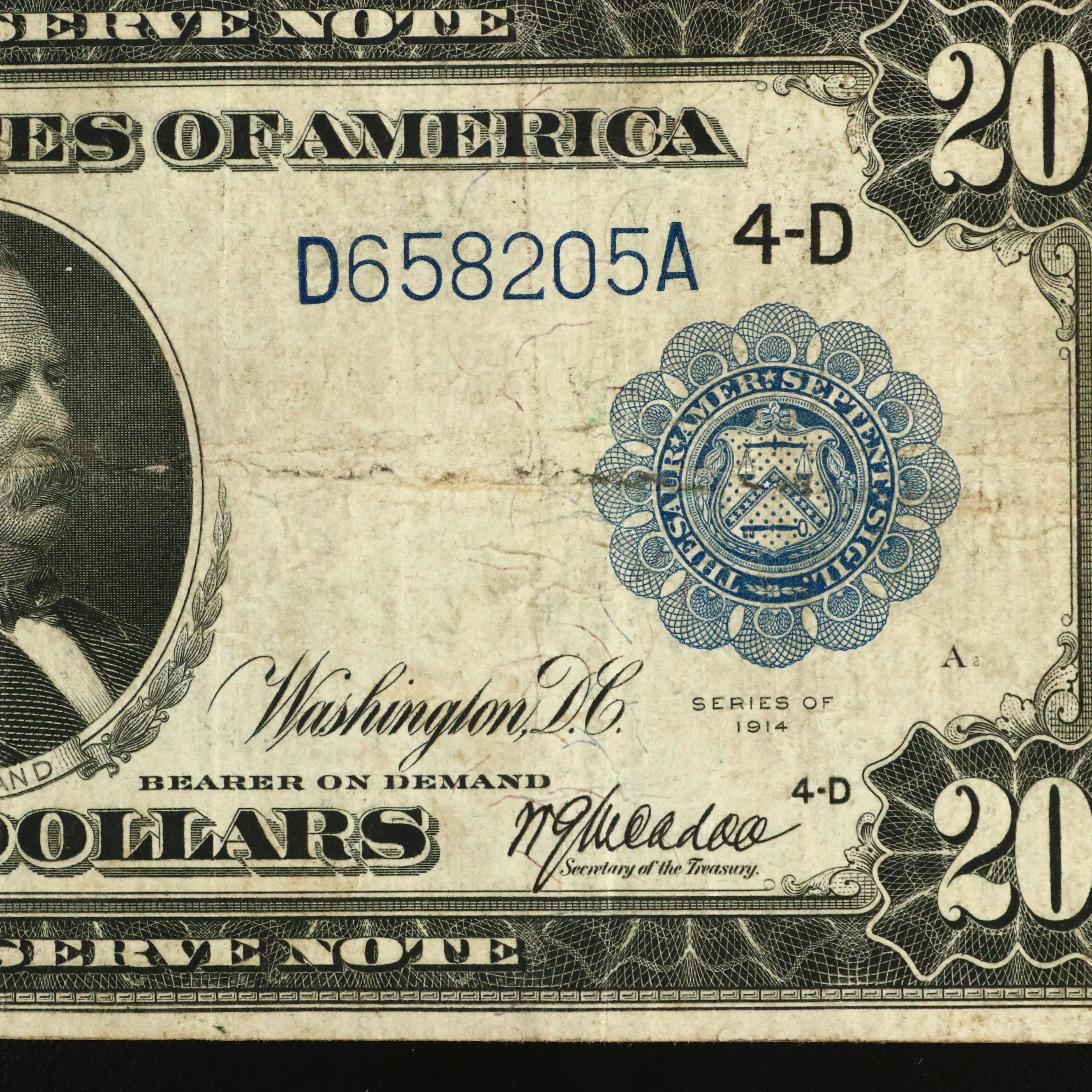 1914 Blue Seal $20 Federal Reserve Note Issued Out of Cleveland, OH