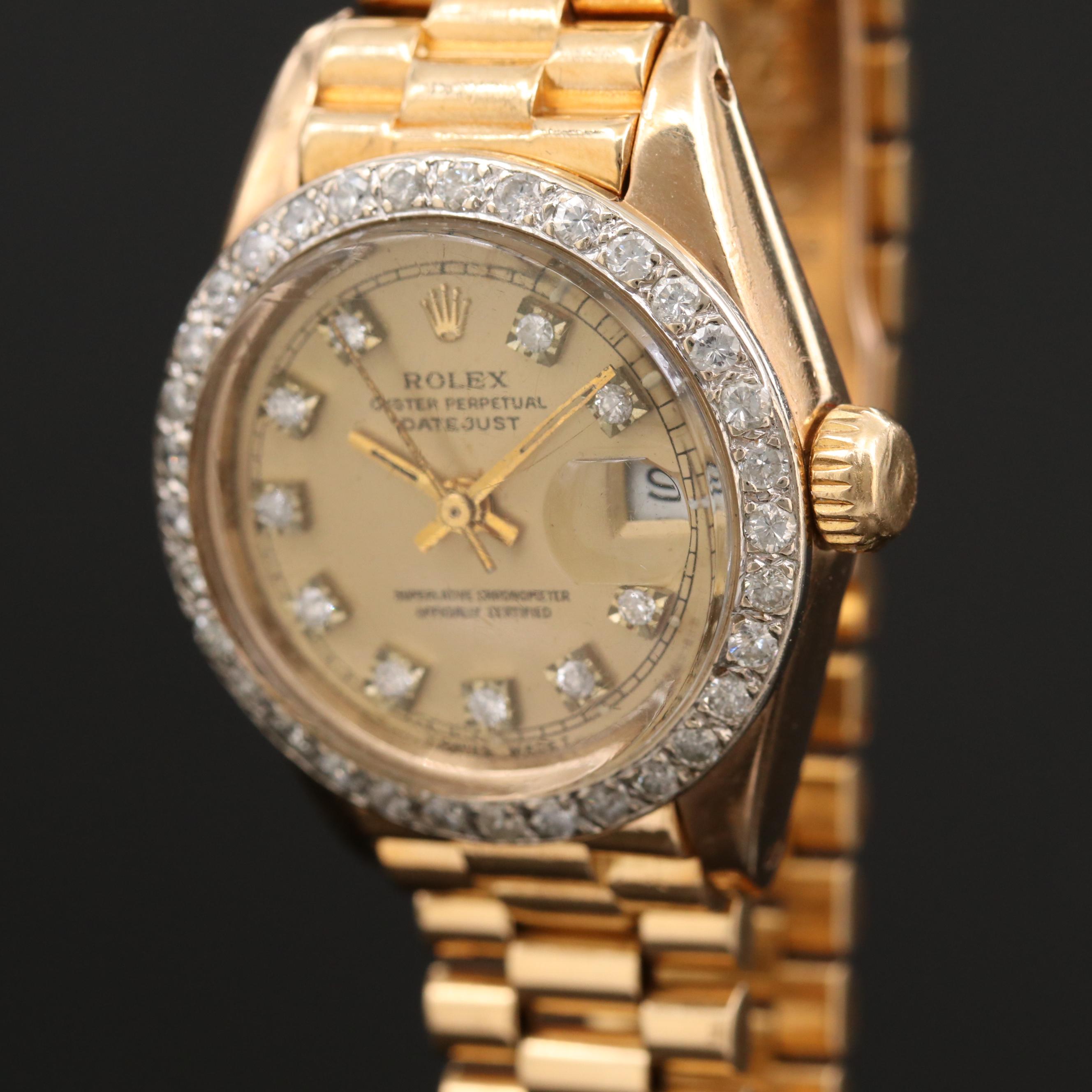 Rolex President Datejust 18K Gold Watch with 1.05 CTW Diamond Dial and Bezel