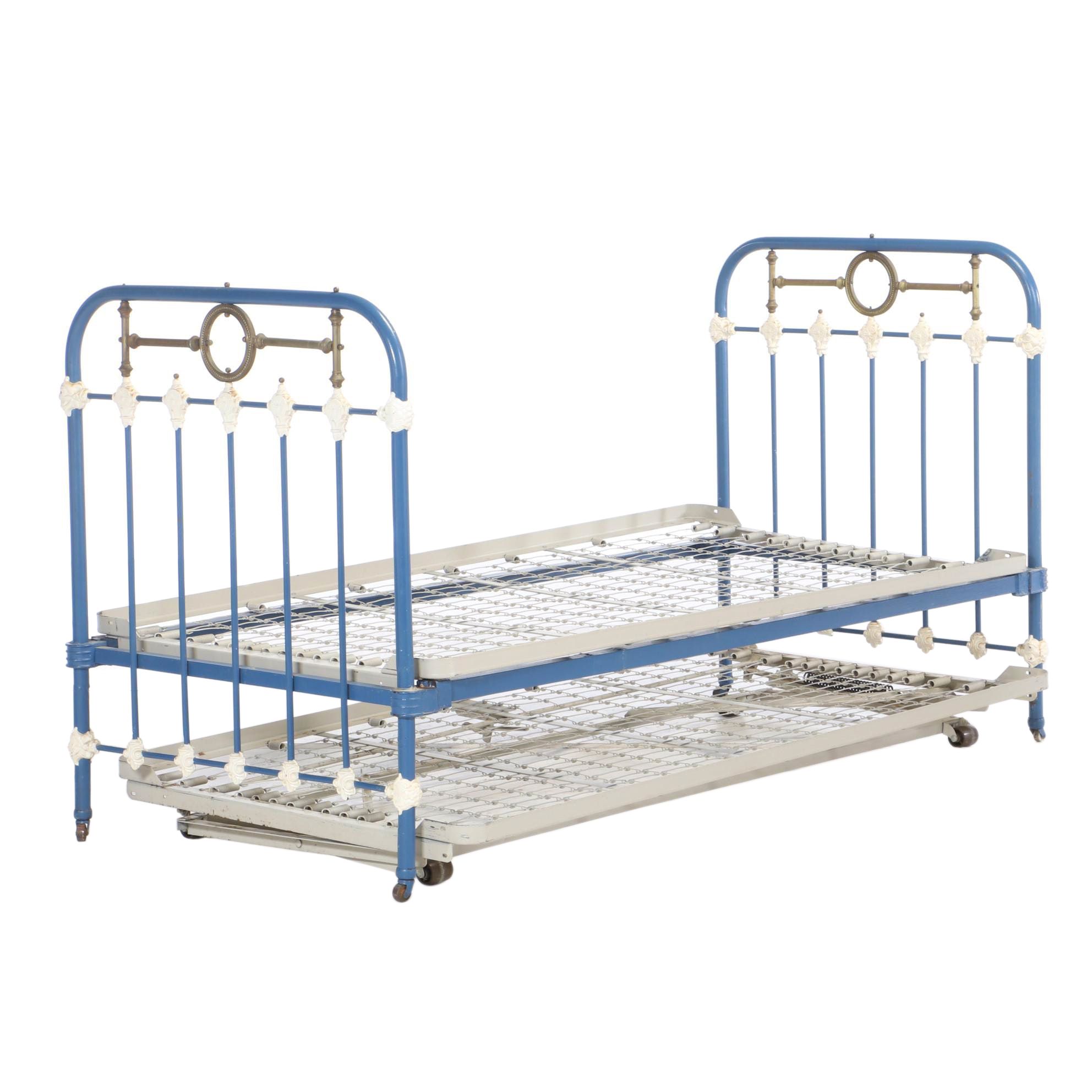Antique Painted Cast Iron and Brass Twin Bed Frame with Trundle