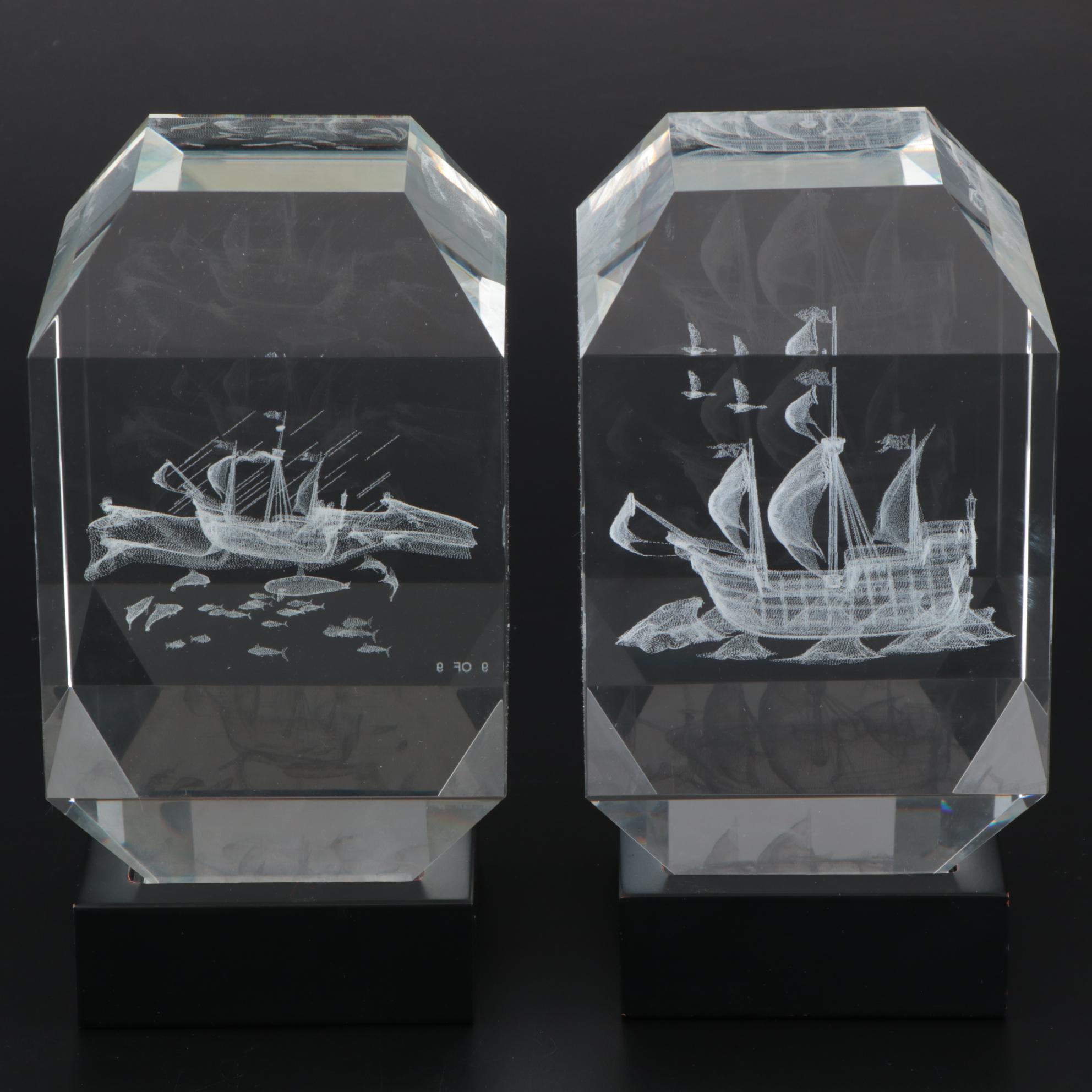 Laser Etched 3D Ships inside Glass Blocks
