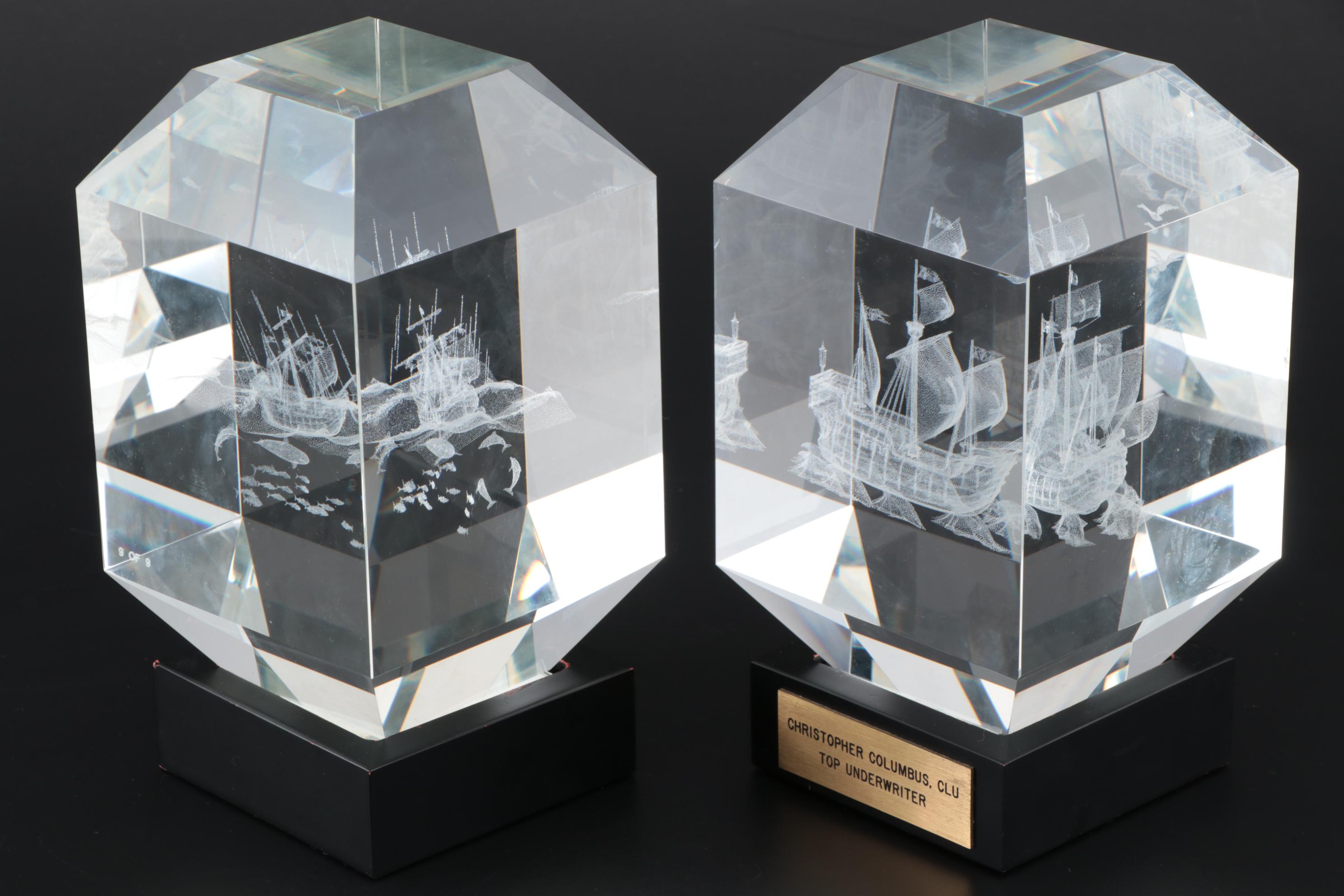 Laser Etched 3D Ships inside Glass Blocks