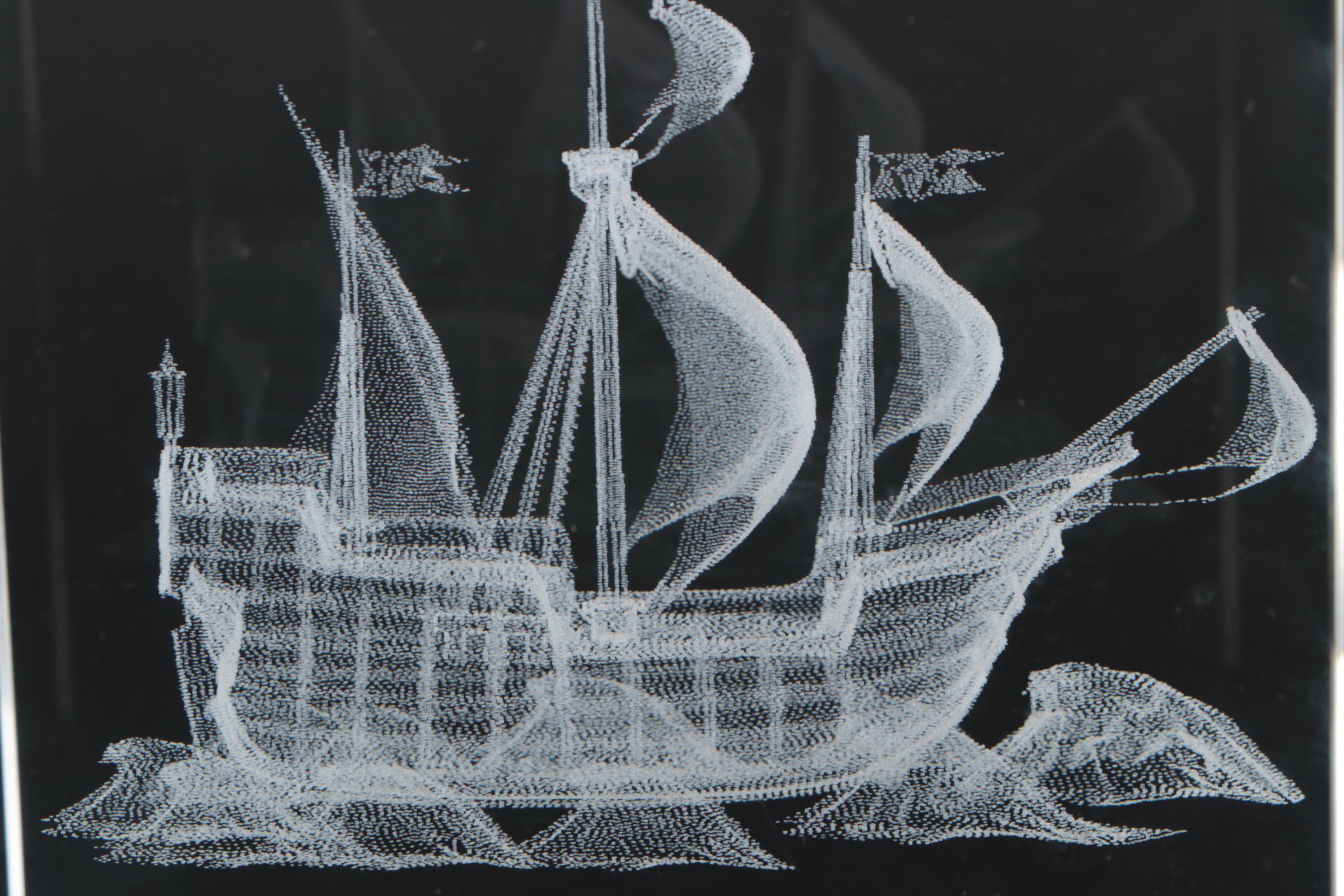 Laser Etched 3D Ships inside Glass Blocks