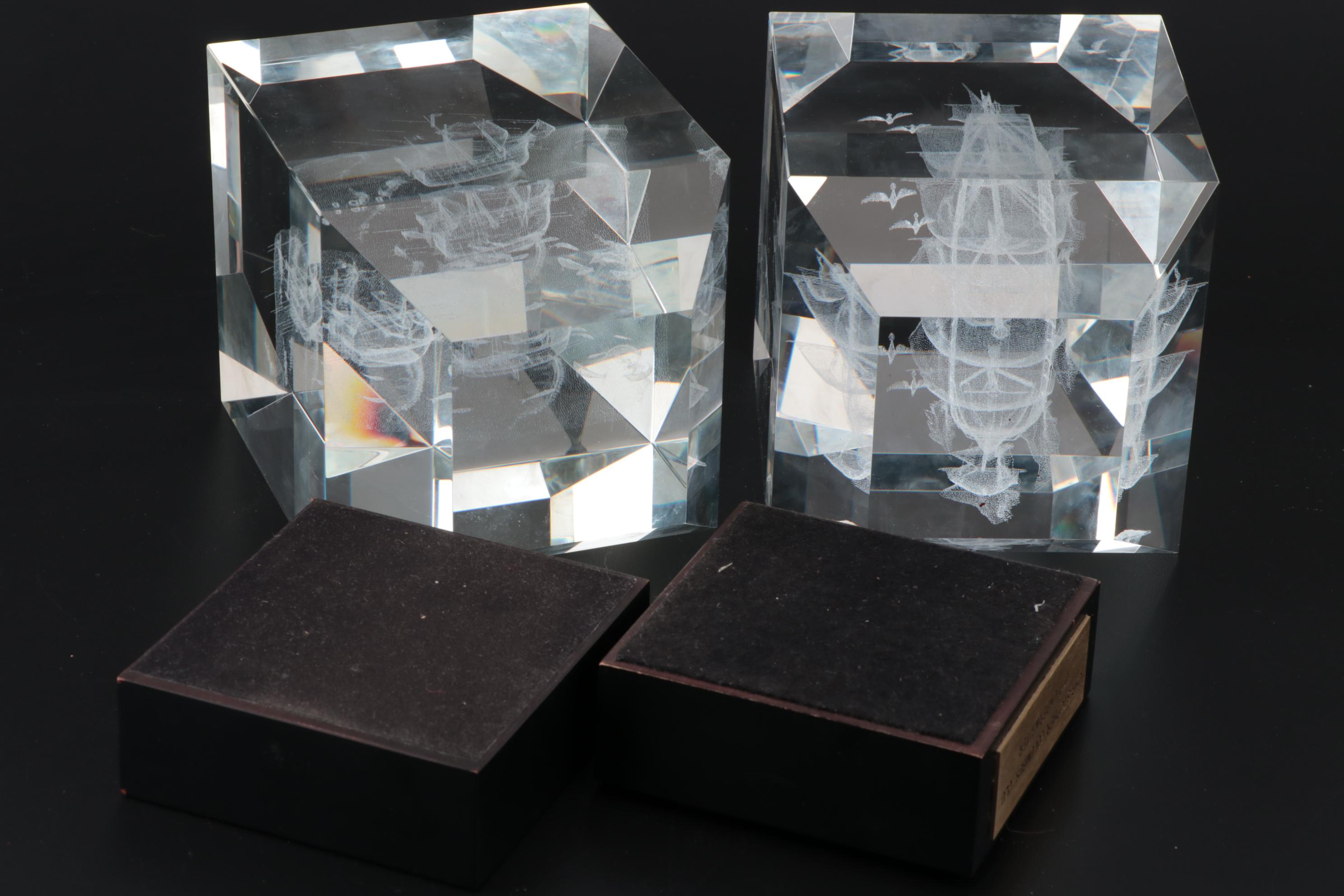 Laser Etched 3D Ships inside Glass Blocks