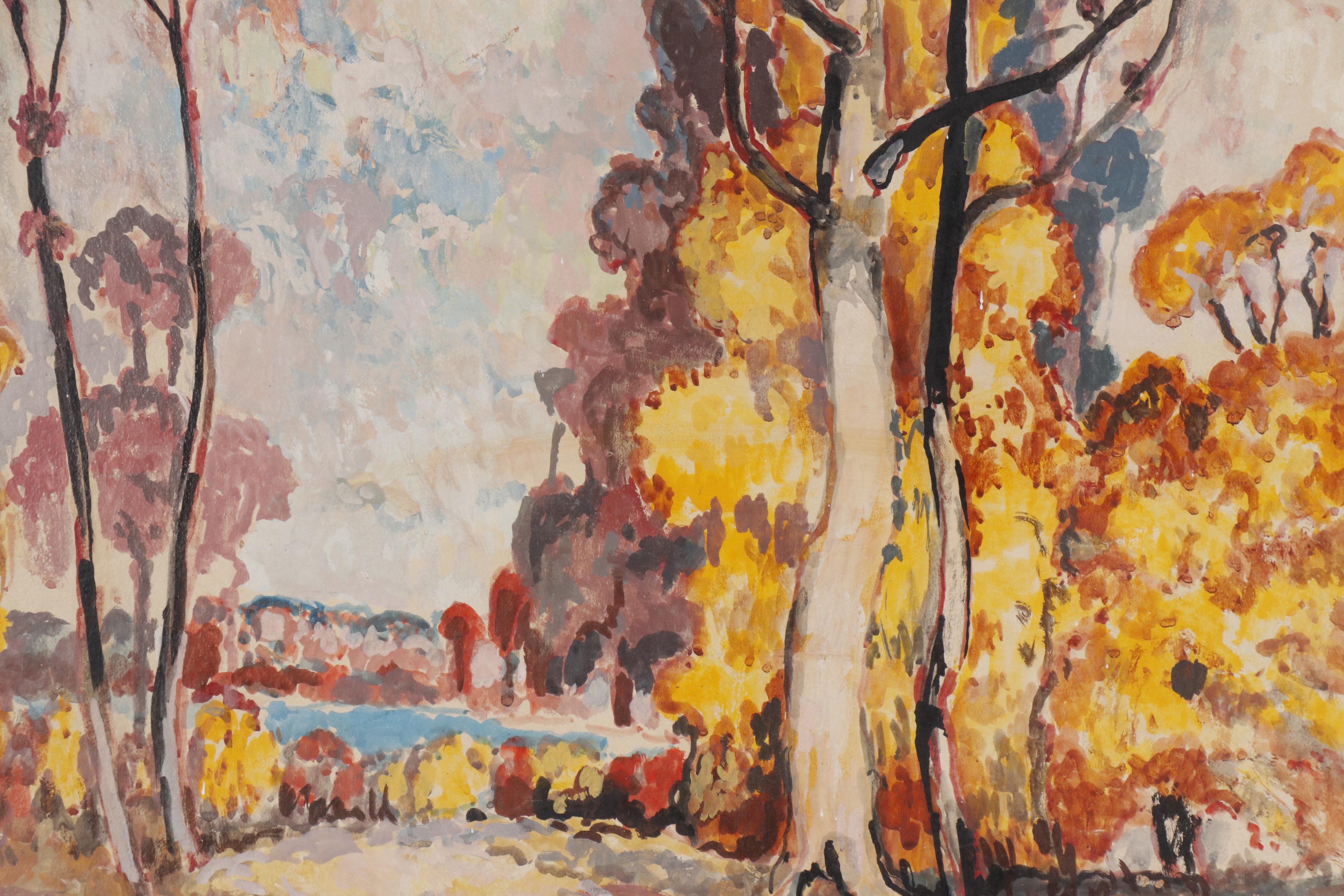 Francis F. Brown Tempera Landscape Painting "Autumn's Golden Gown"