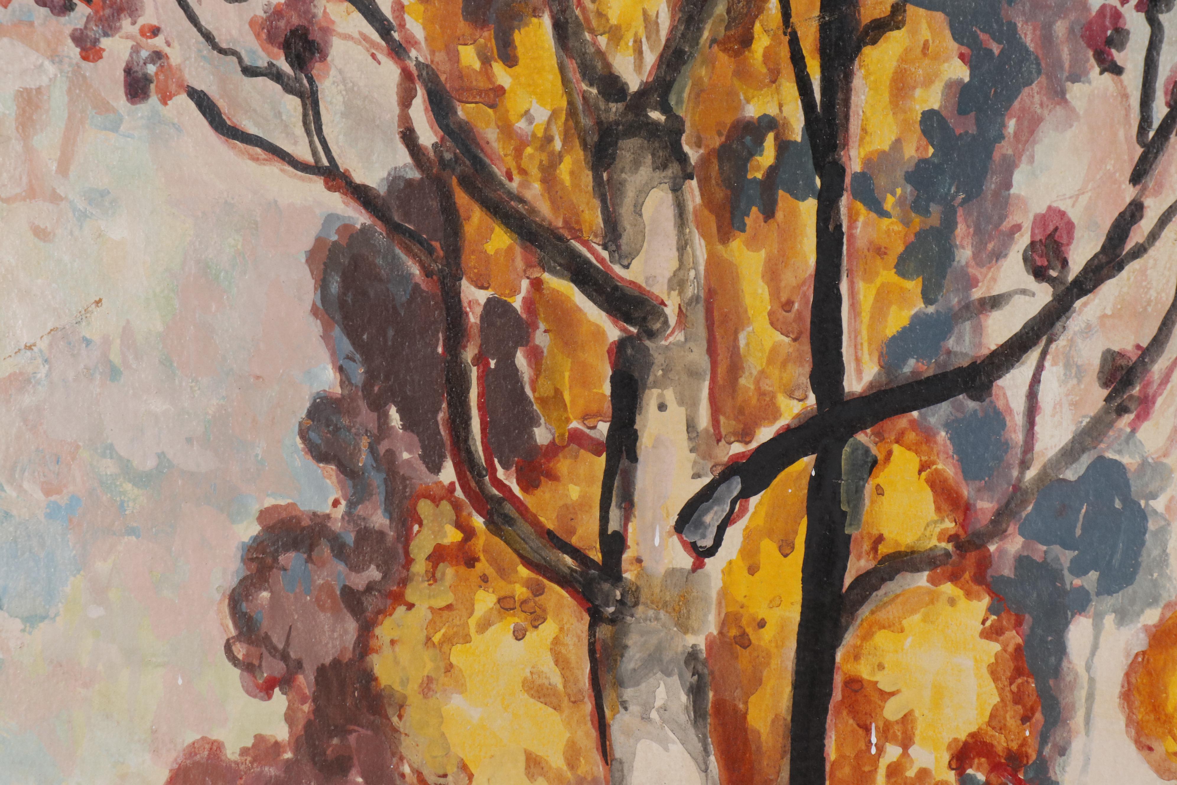 Francis F. Brown Tempera Landscape Painting "Autumn's Golden Gown"