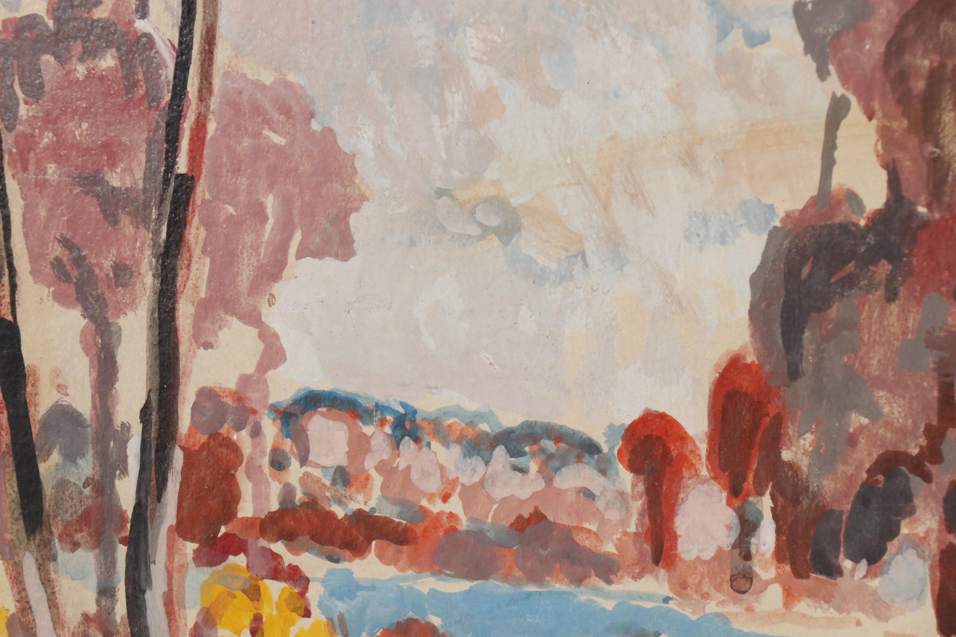 Francis F. Brown Tempera Landscape Painting "Autumn's Golden Gown"